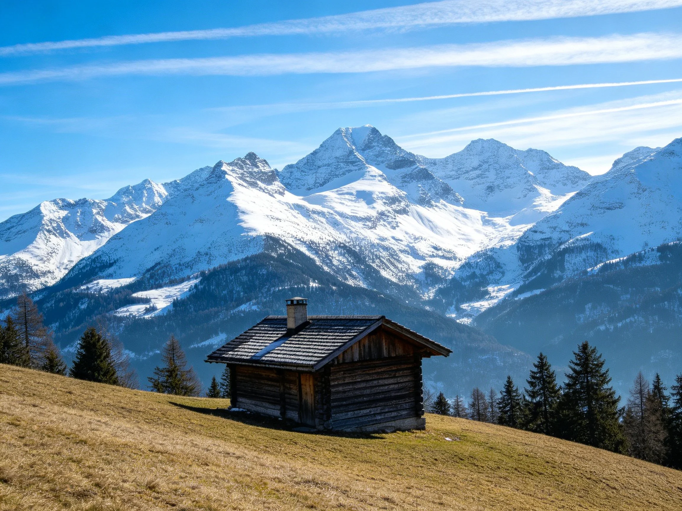 A rustic log cabin near snow - capped mountain peaks under bright blue sky