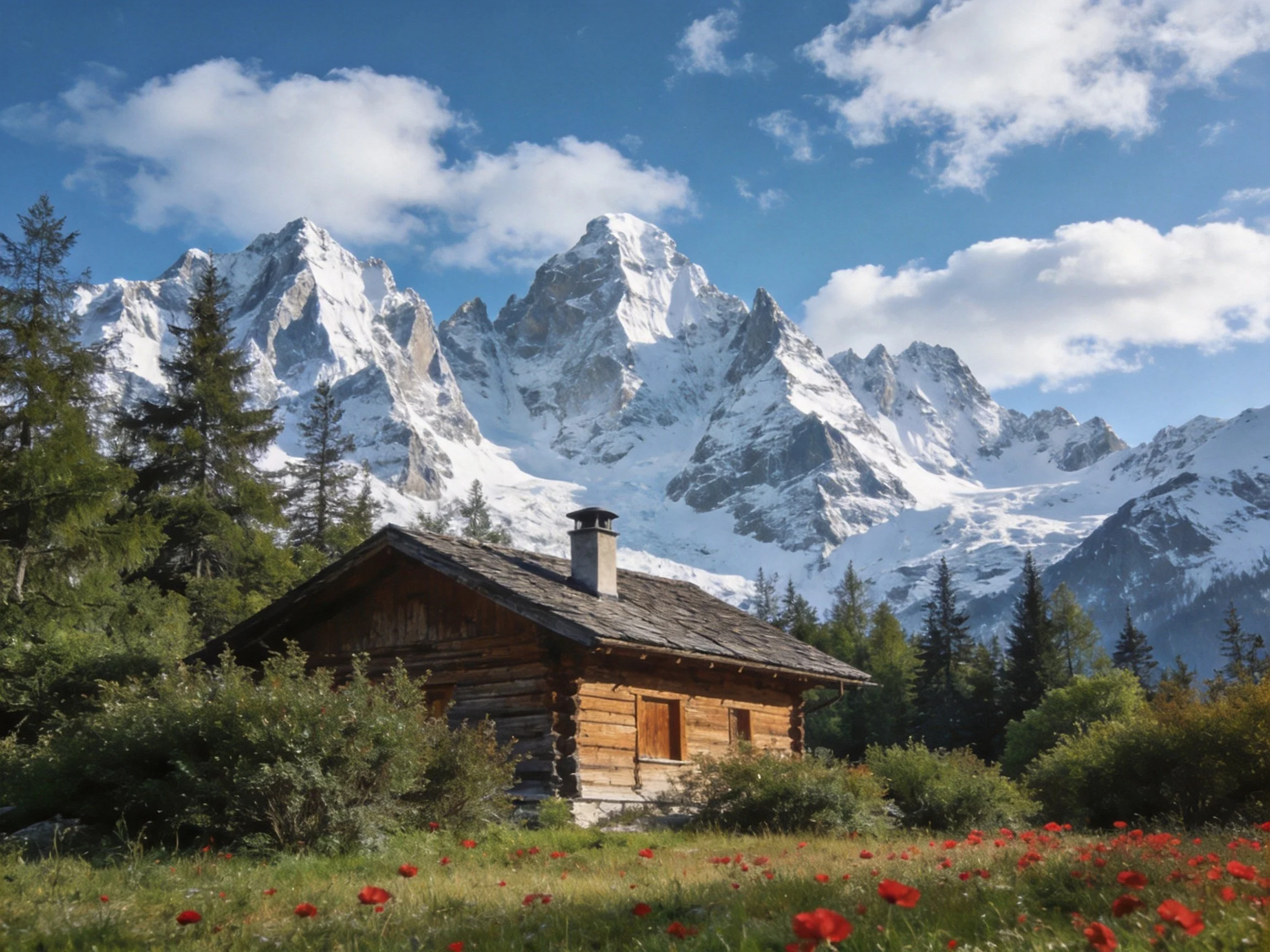 A rustic log cabin near snow-capped peaks with vibrant wildflowers