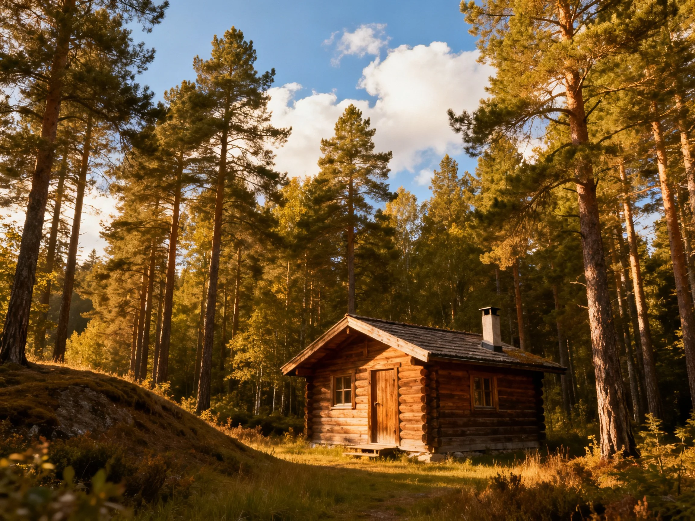 A rustic log cabin nestled among tall pine trees in golden sunlight
