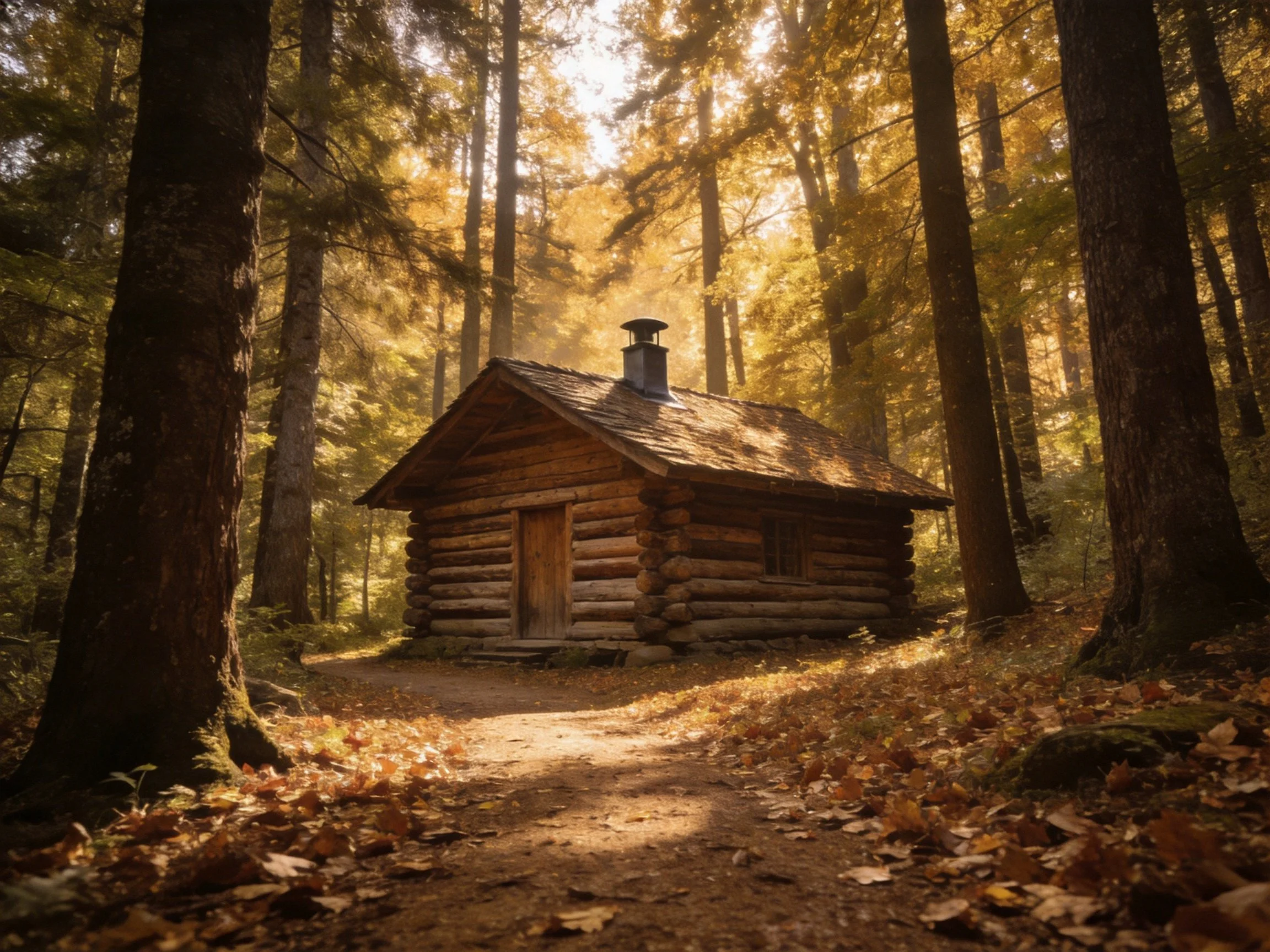 A rustic log cabin nestled among tall trees in golden autumn woods