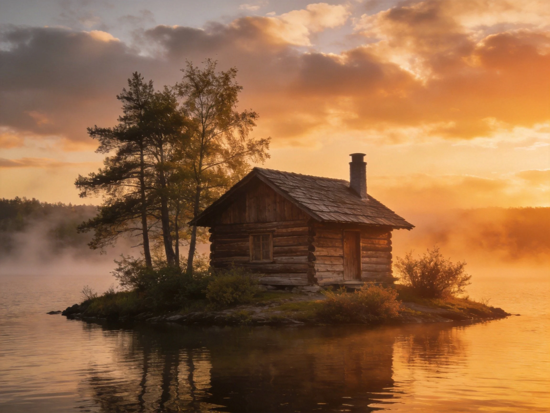 A rustic log cabin on a misty lakeside island at golden hour