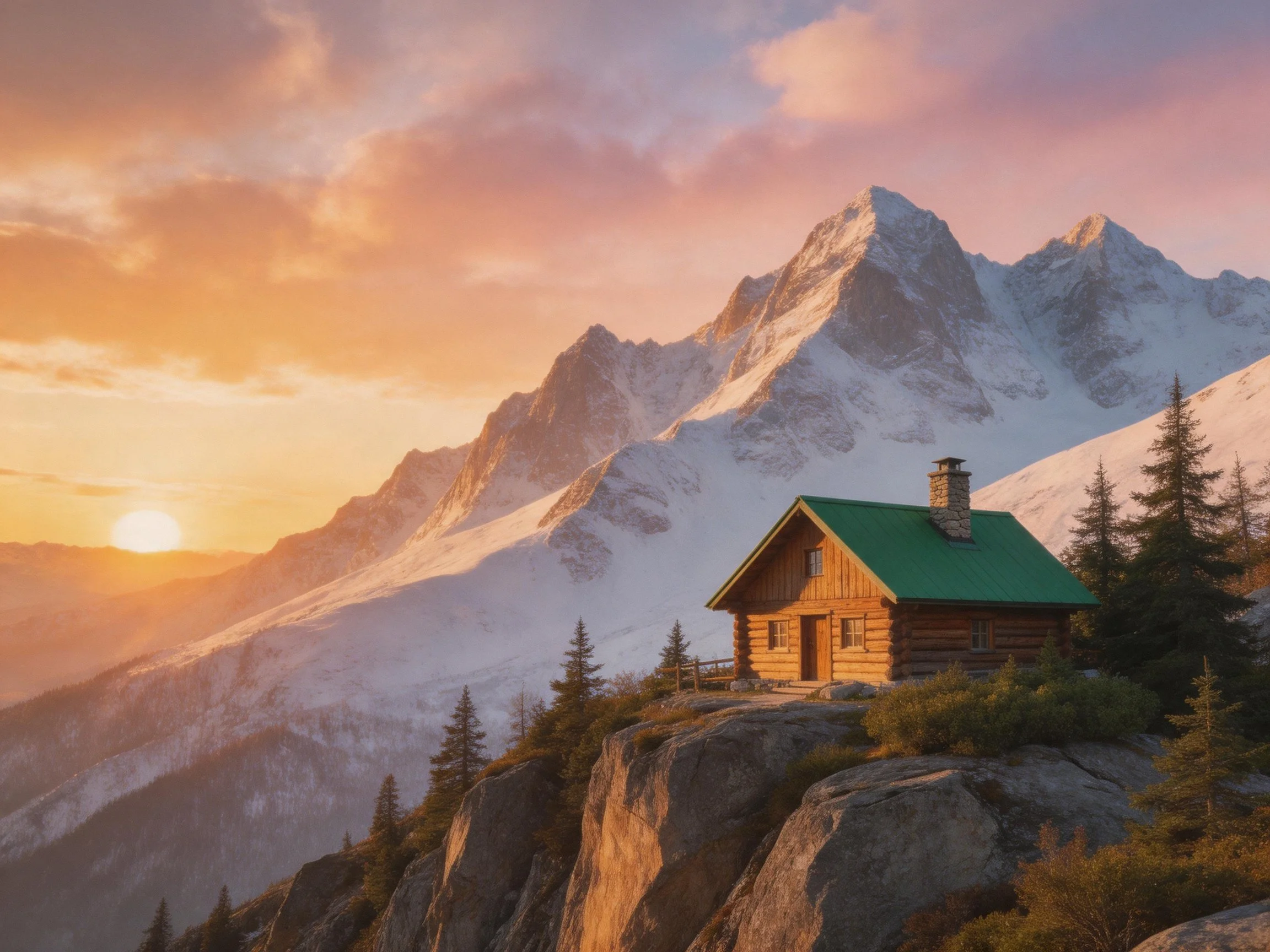 A rustic log cabin on a rocky cliff near snow - capped mountains