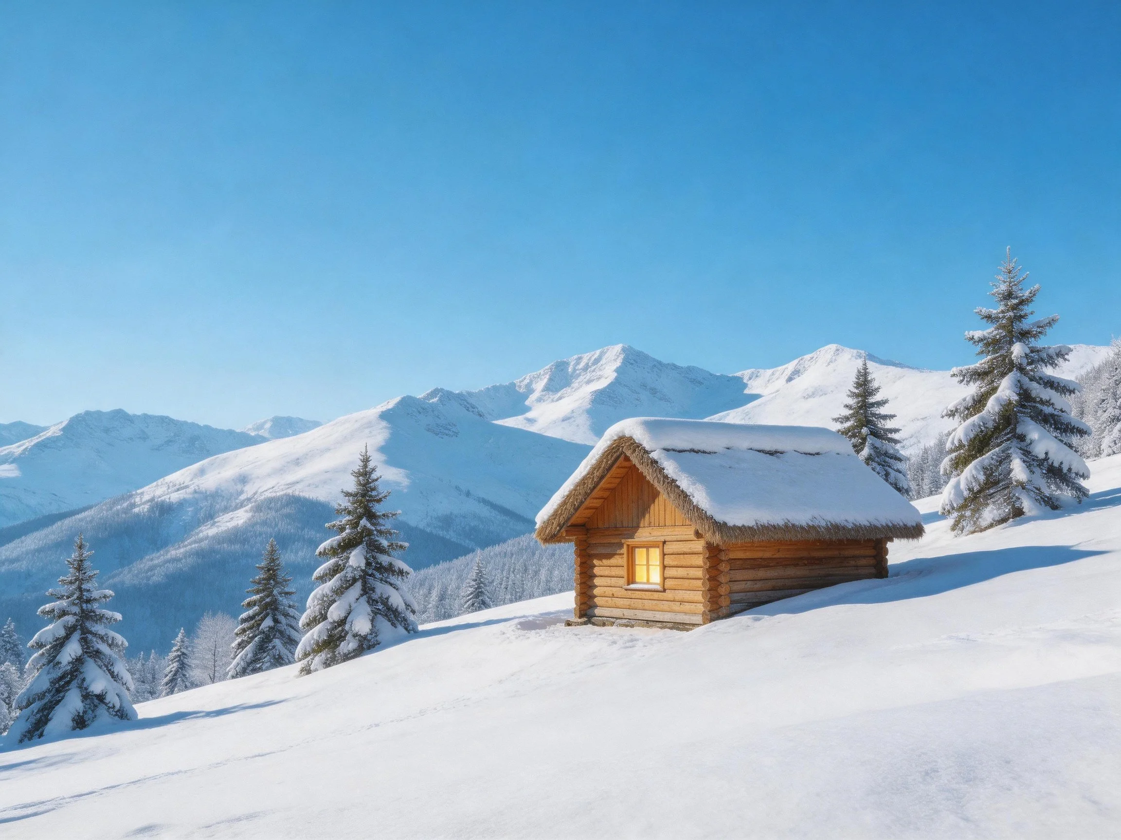 A rustic log cabin surrounded by snow-capped mountains and pine trees
