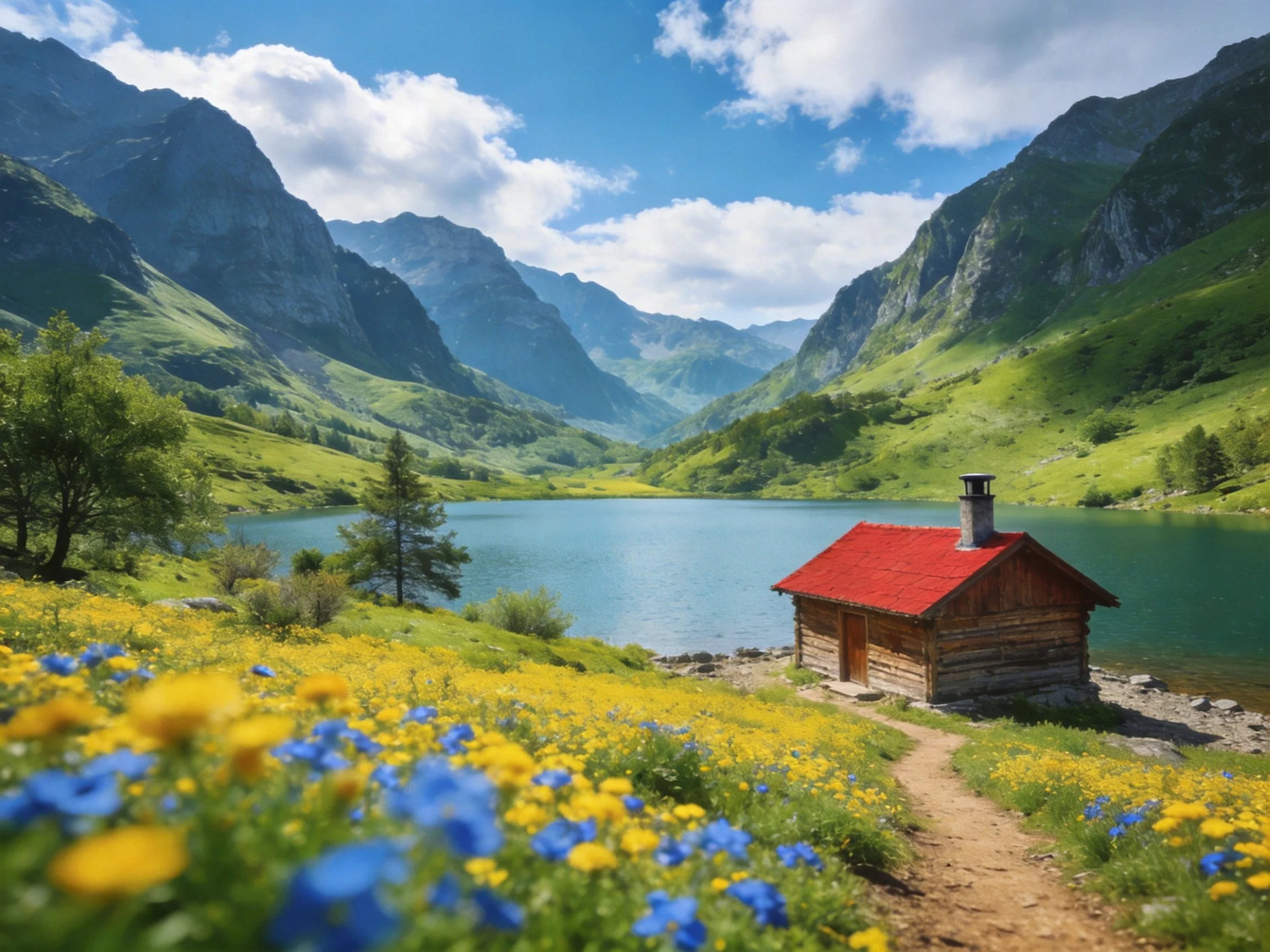 A rustic log cabin with red roof near mountain lake