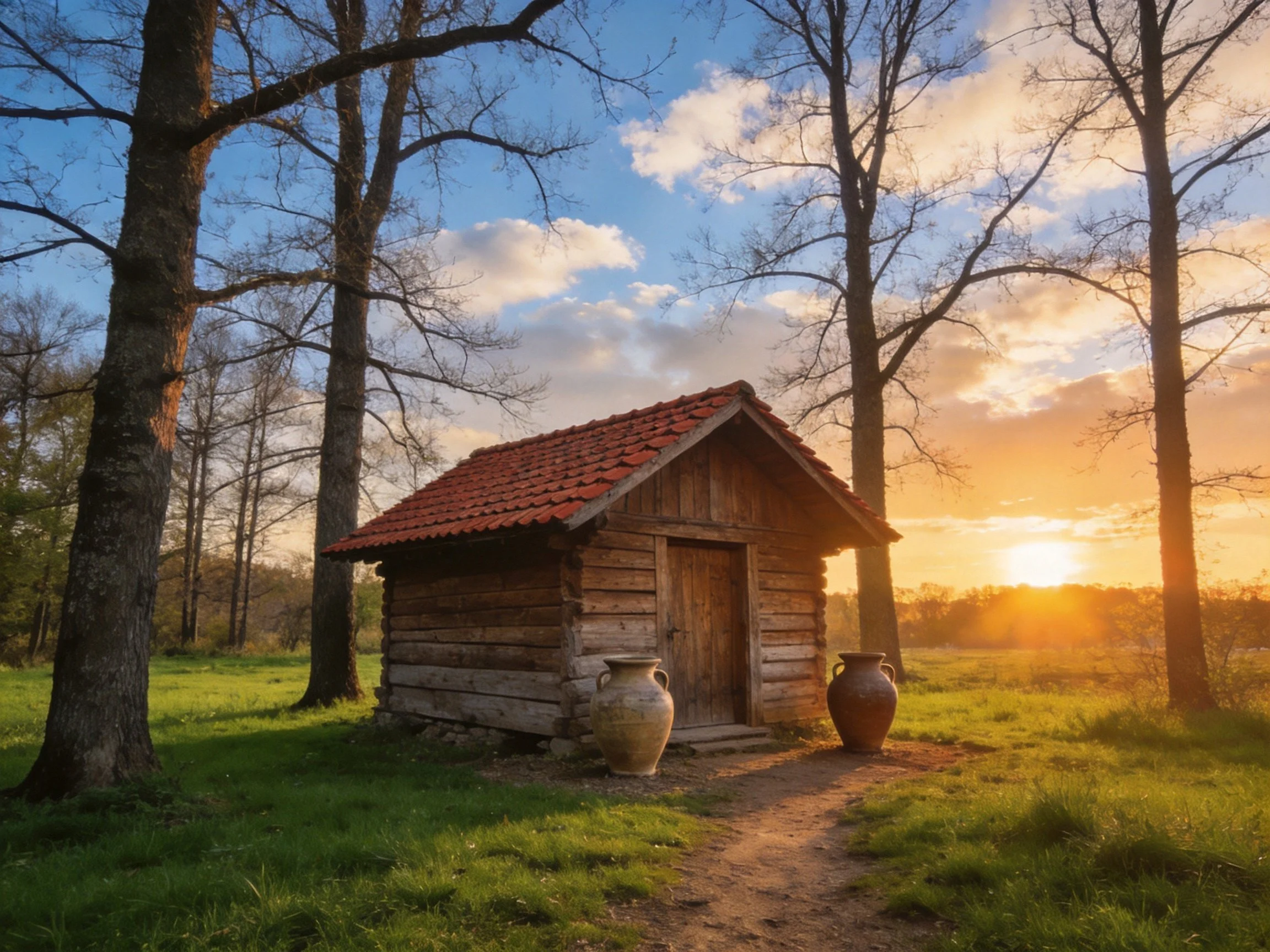 A rustic log cabin with red-tiled roof near tall trees at sunset