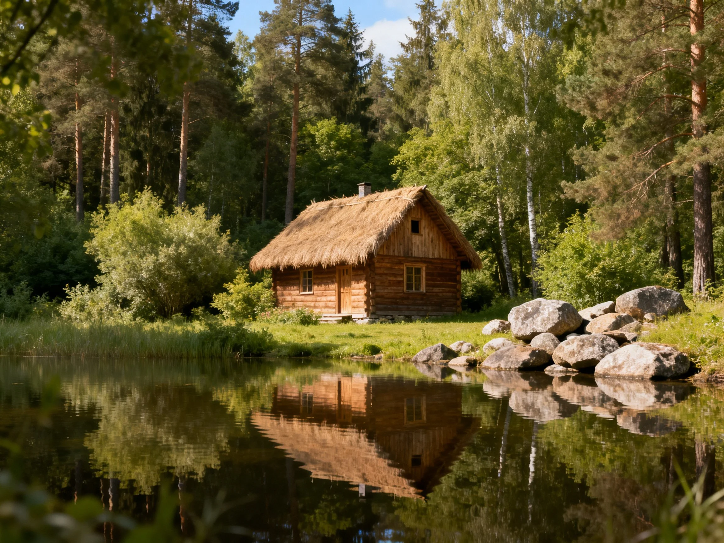A rustic log cabin with straw roof beside tranquil forest waters