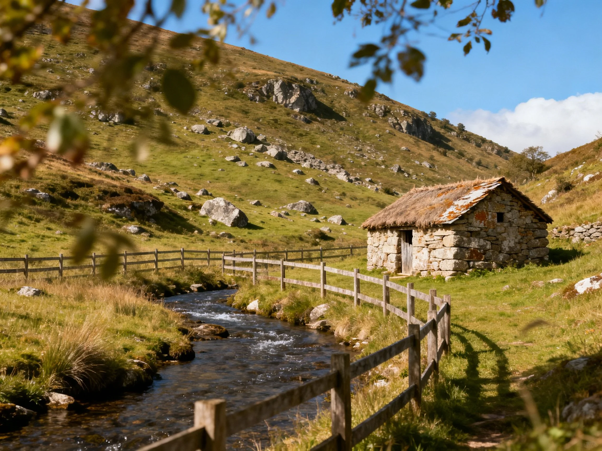 A rustic stone cottage beside a meandering stream in rocky hills