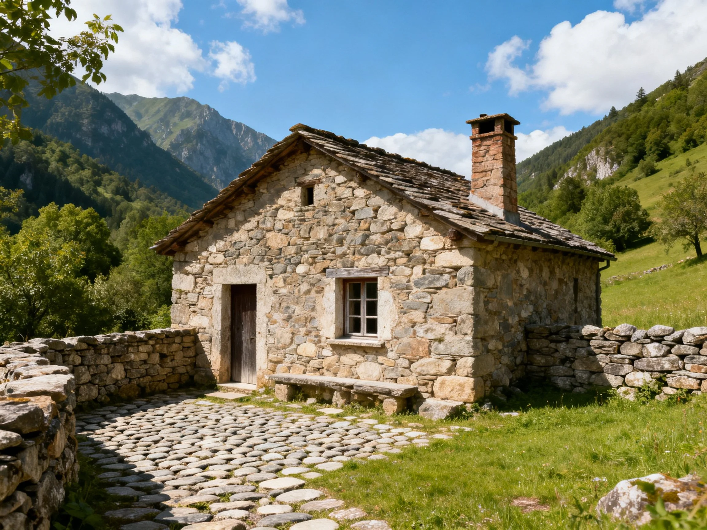 A rustic stone cottage nestled among lush green mountains