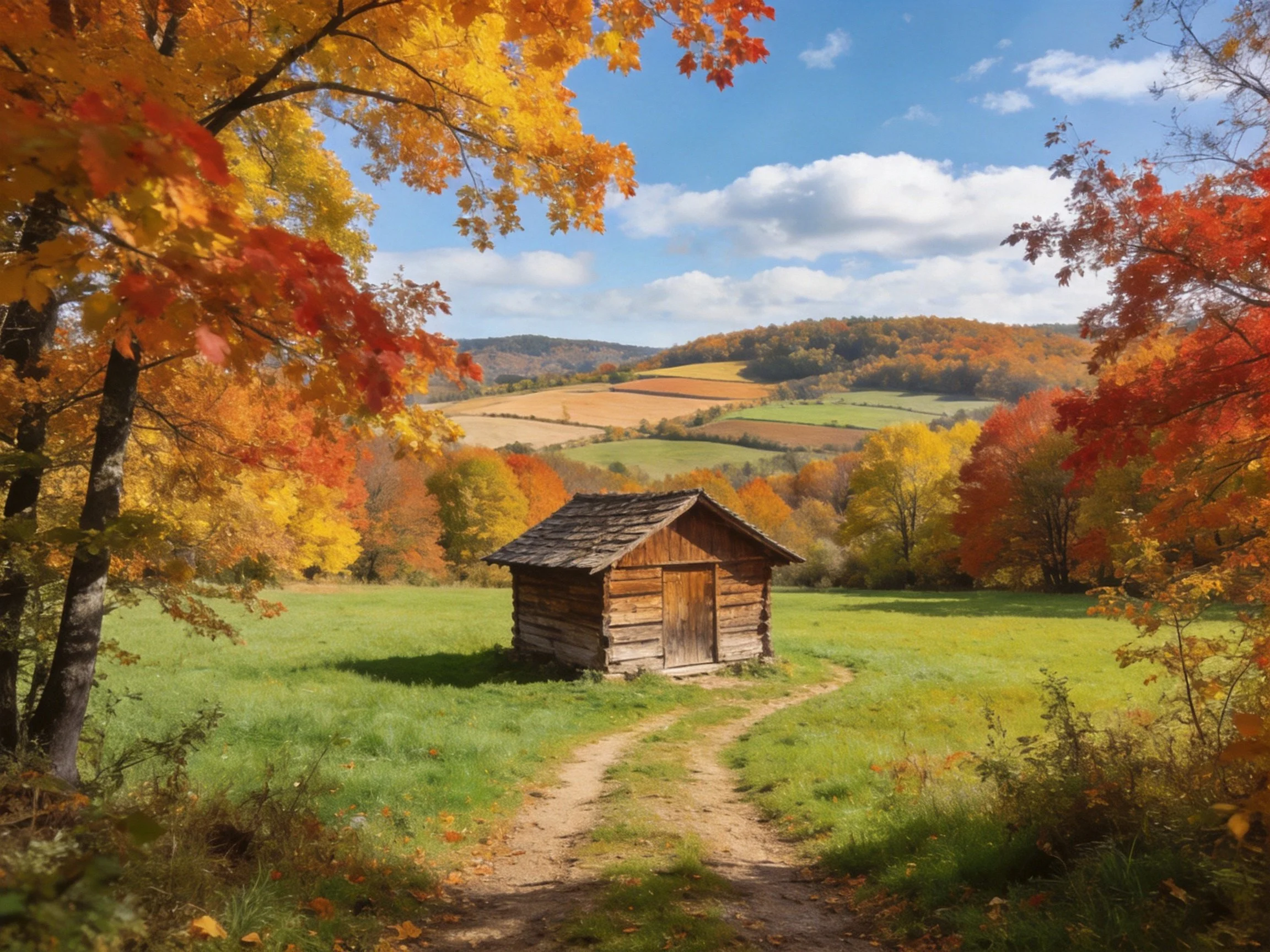 A rustic wooden cabin amid vibrant fall foliage and rolling green fields