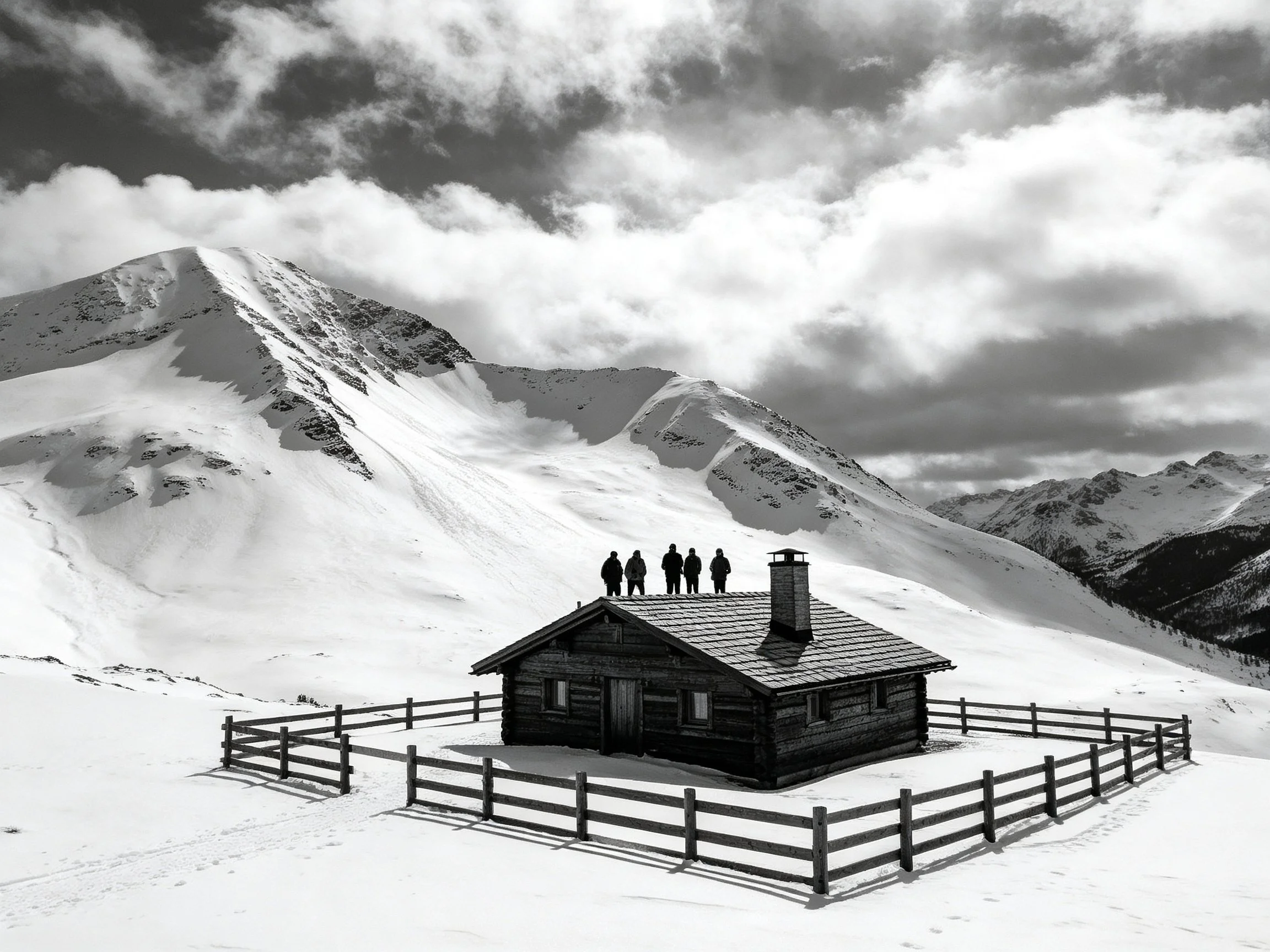A rustic wooden cabin among snow-capped mountains with figures on its roof