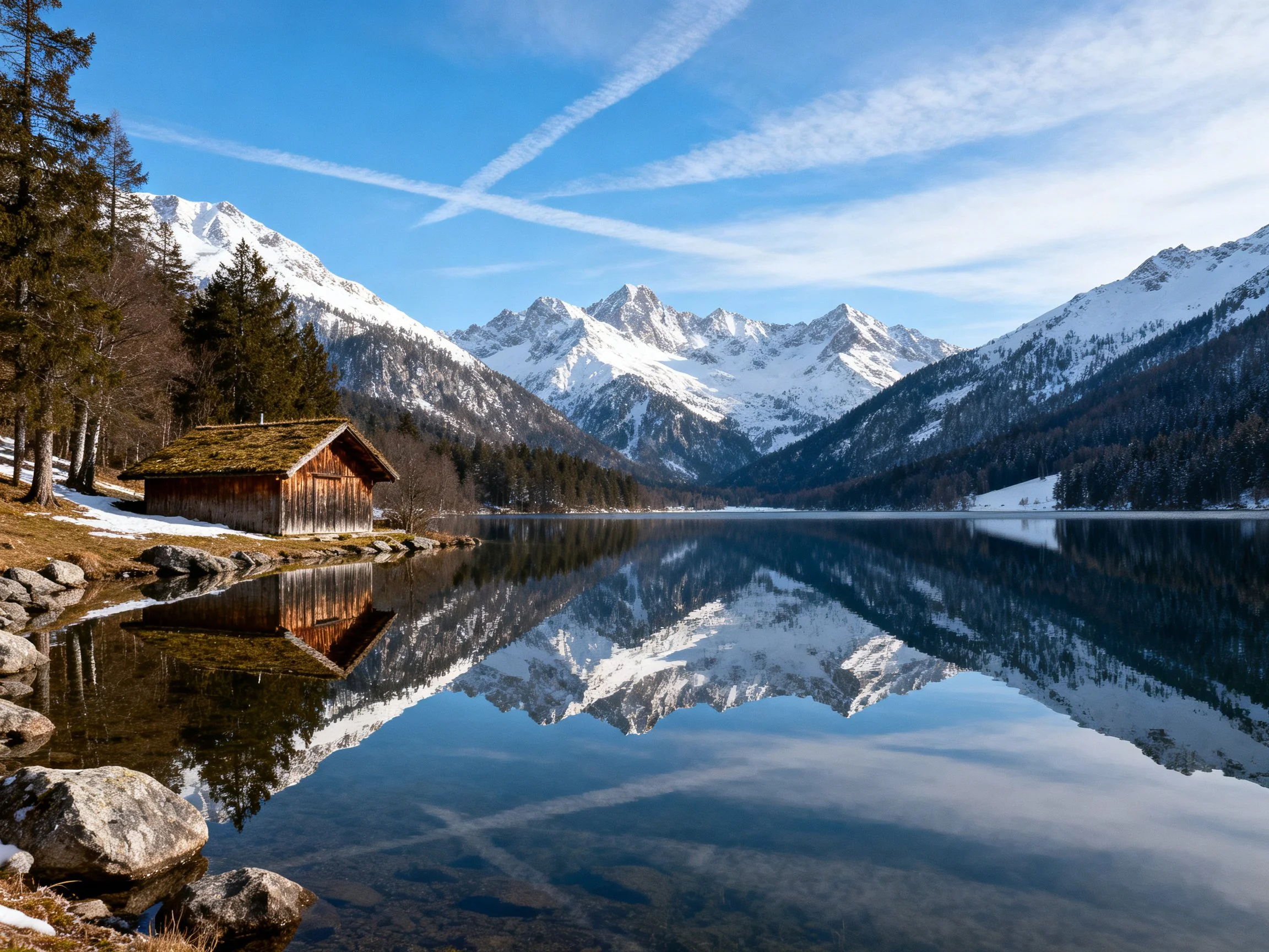 A rustic wooden cabin beside a calm lake reflecting snow-capped mountains