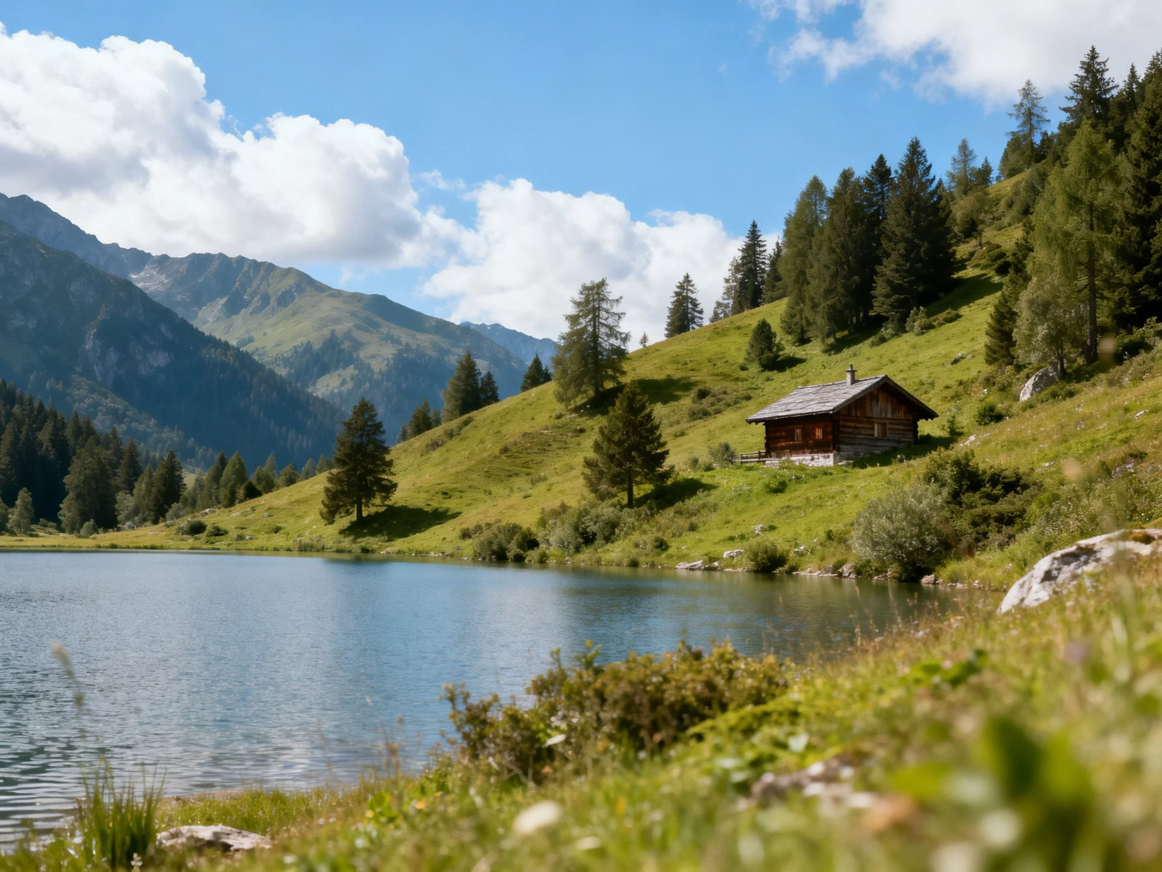 A rustic wooden cabin by a calm lake with green hills and forested mountains