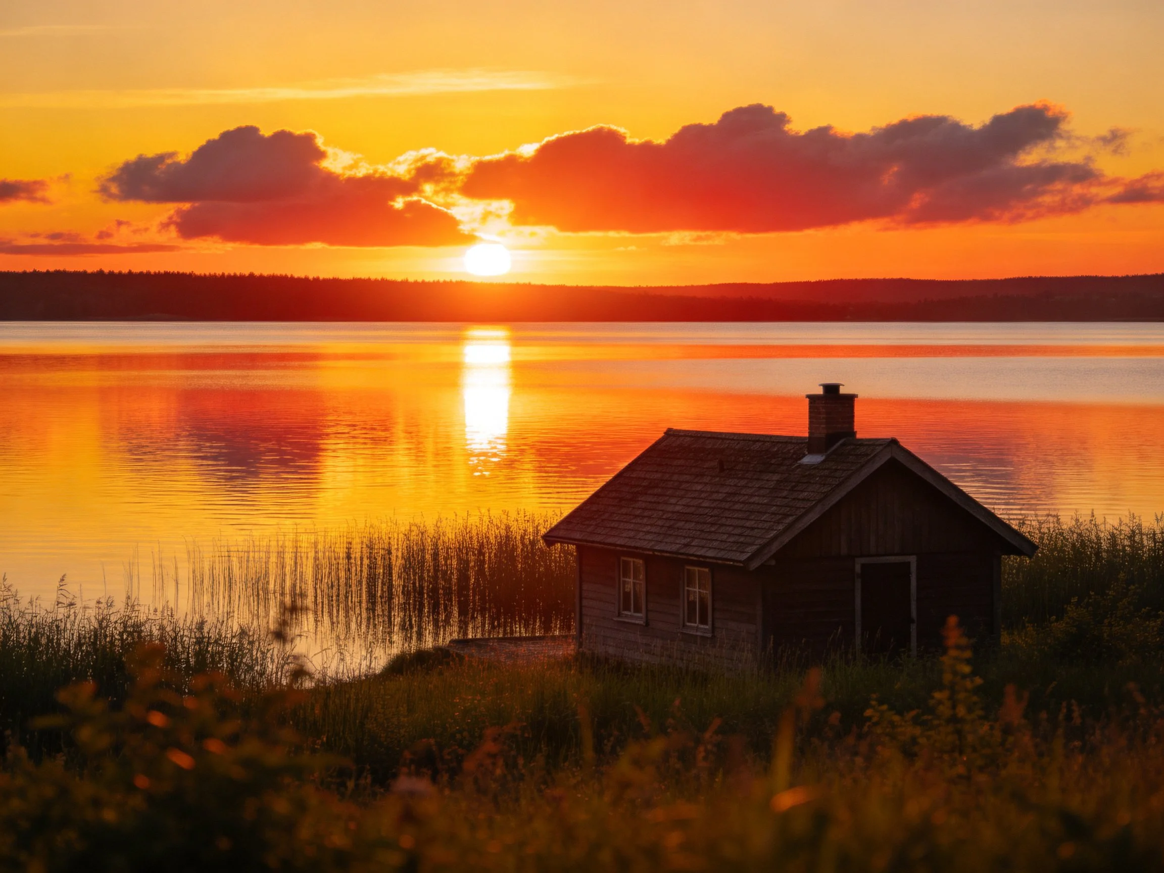 A rustic wooden cabin by serene lake during vibrant sunset