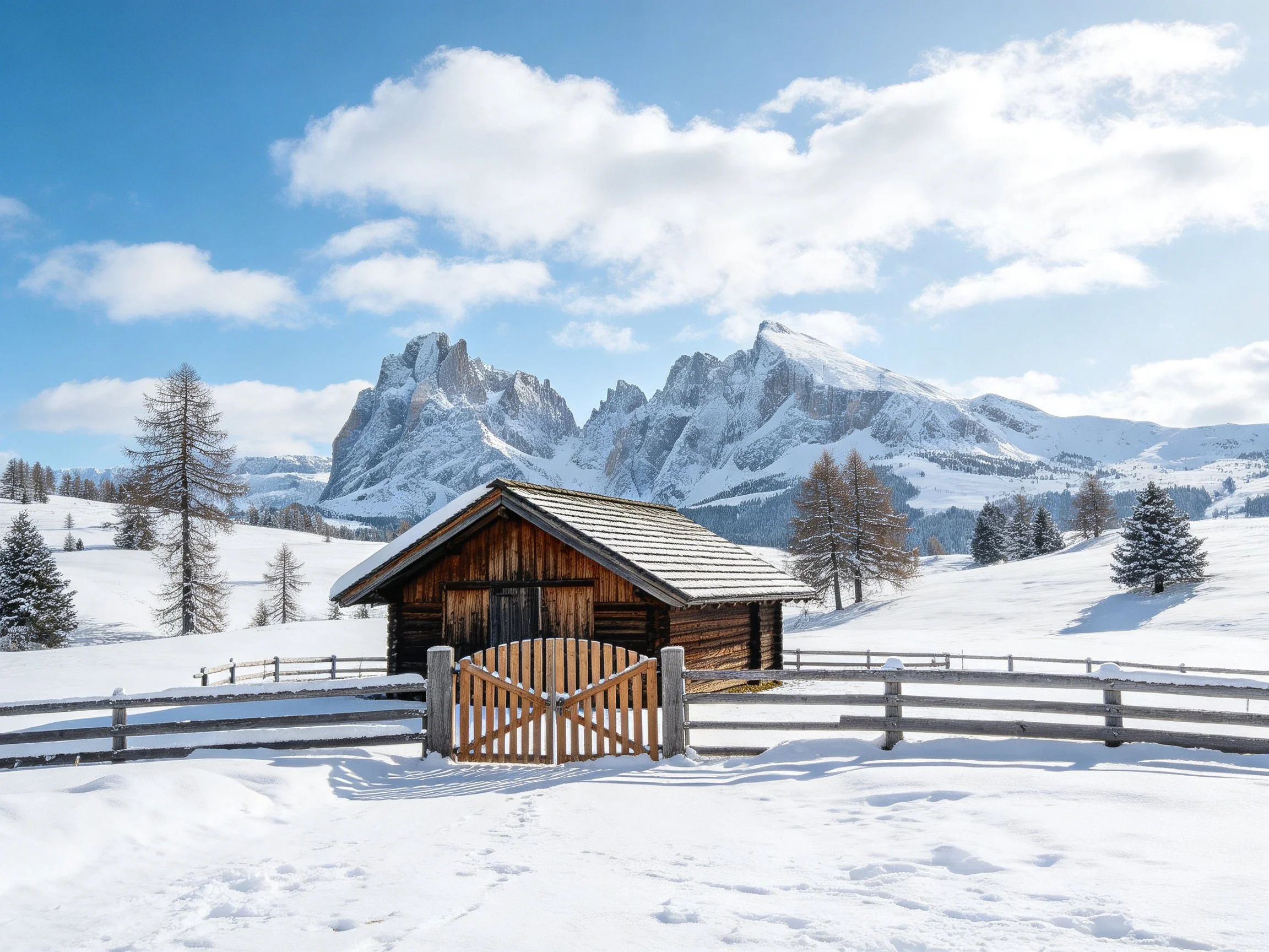 A rustic wooden cabin in a snow - covered mountainous landscape