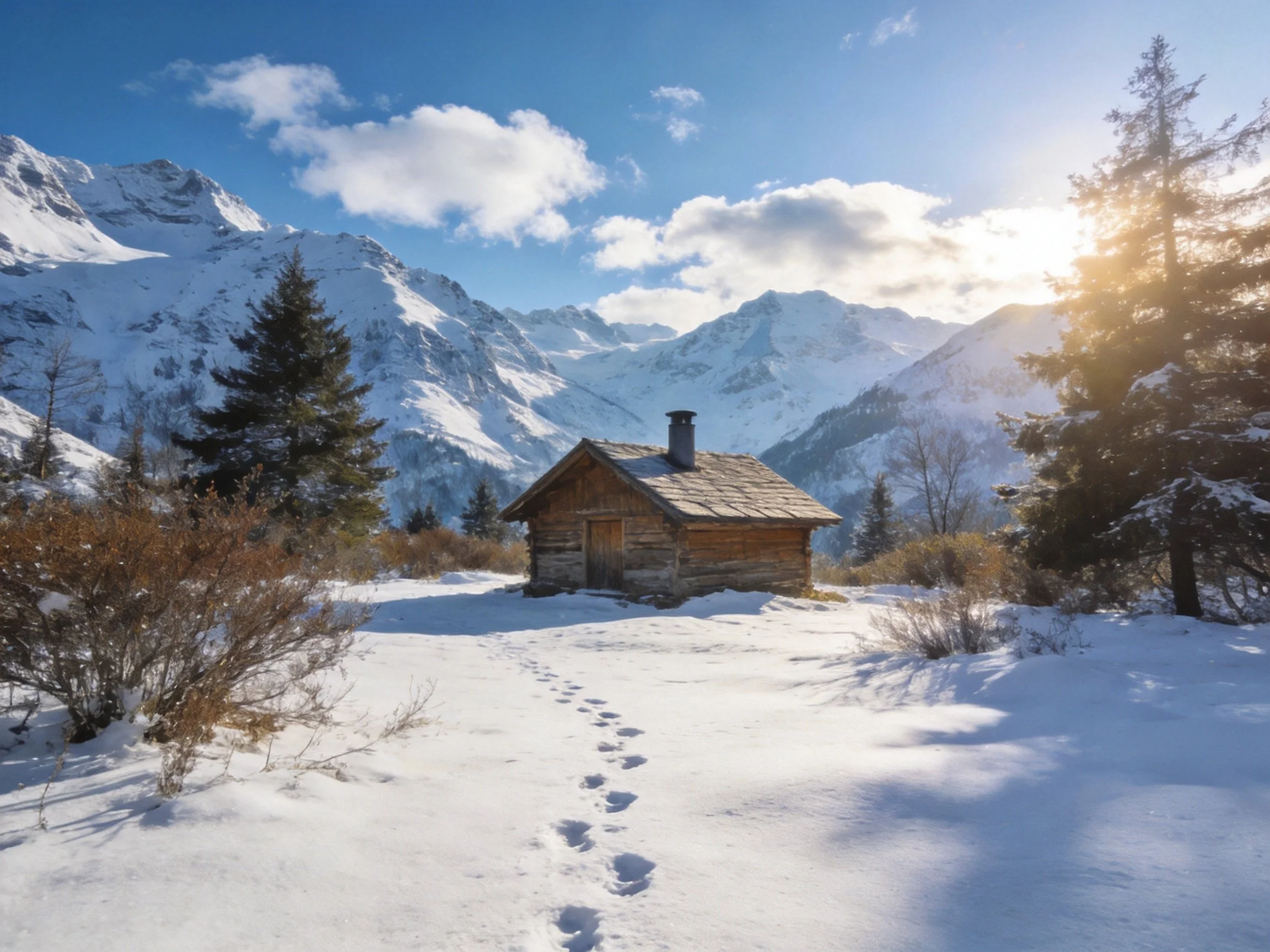 A rustic wooden cabin in a snowy mountainous landscape with evergreen trees