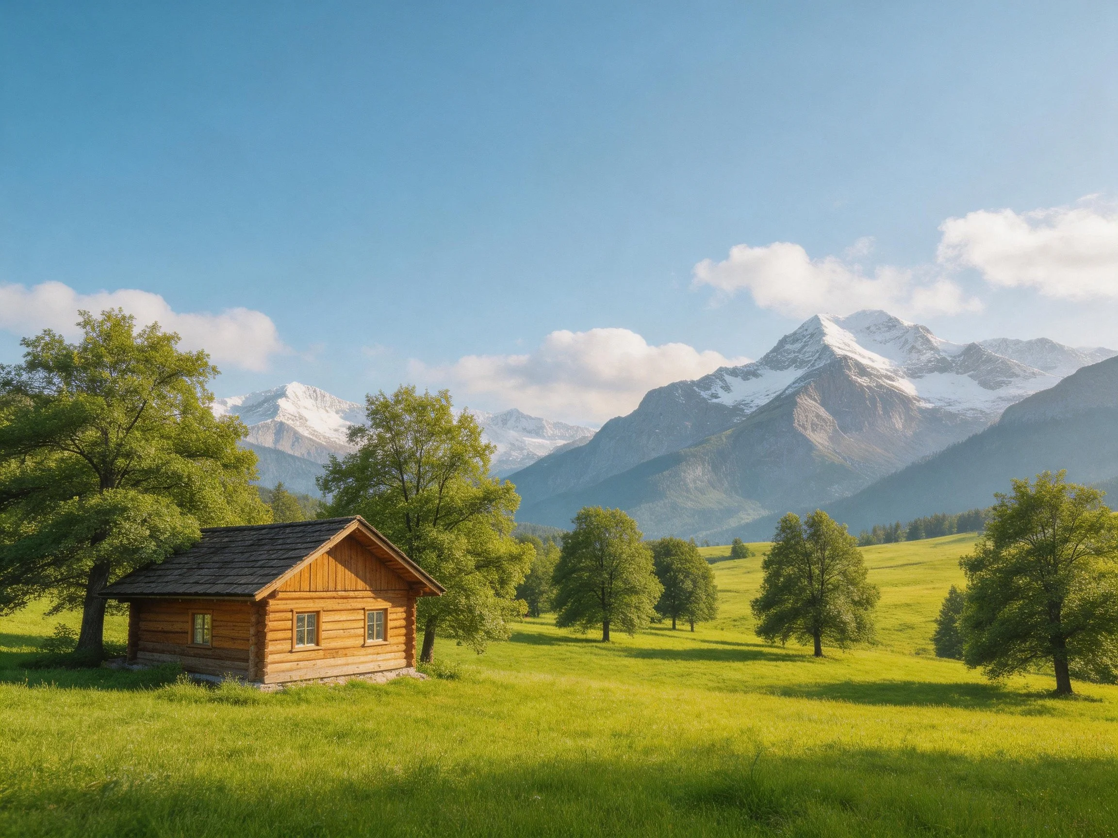 A rustic wooden cabin in a verdant meadow near snow - capped mountains