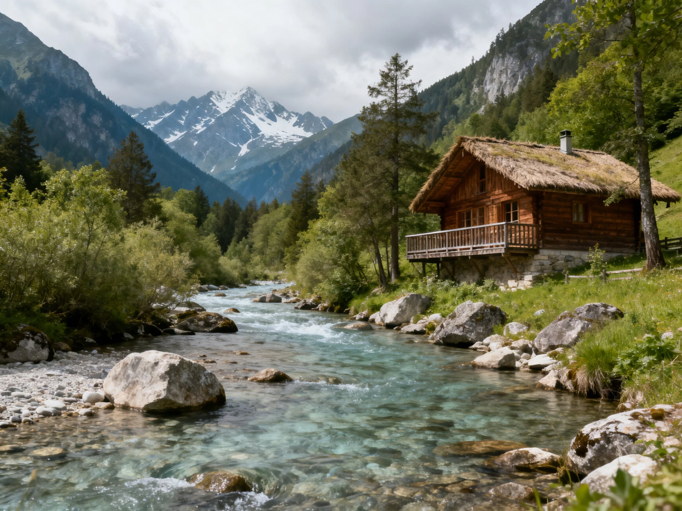 A rustic wooden cabin near a clear mountain stream