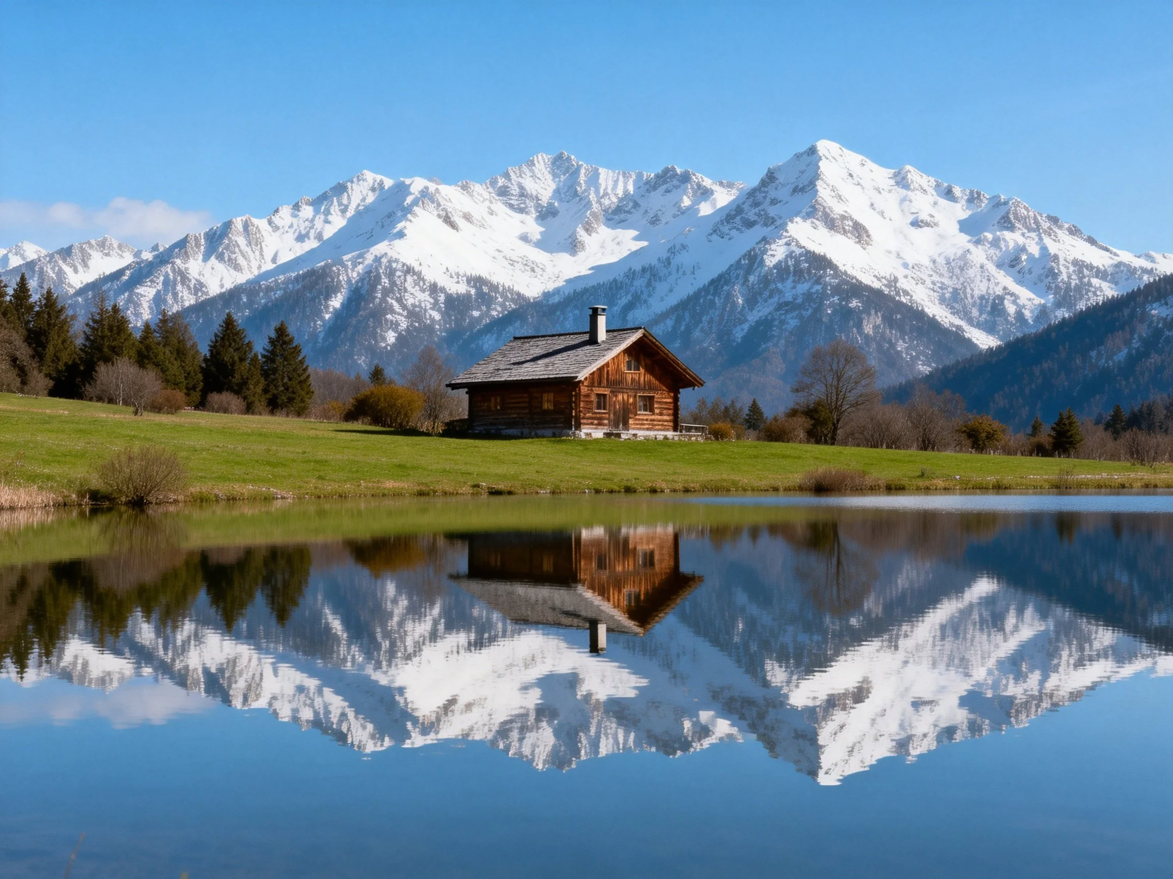 A rustic wooden cabin near a reflective lake with snow - capped mountains