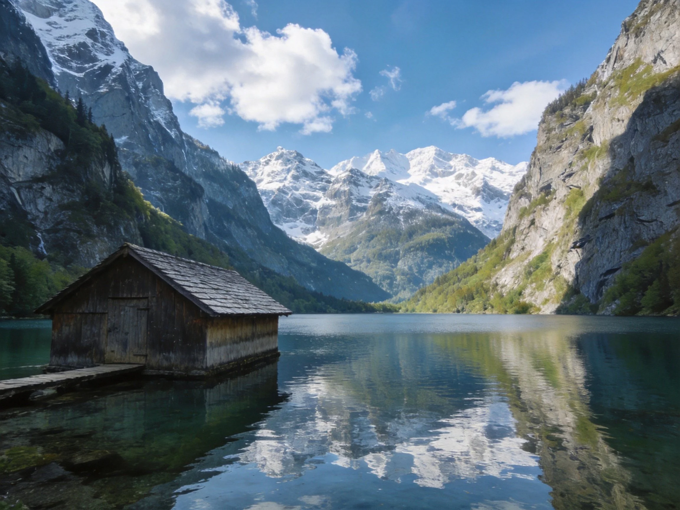 A rustic wooden cabin on a serene alpine lake with snow-capped mountains