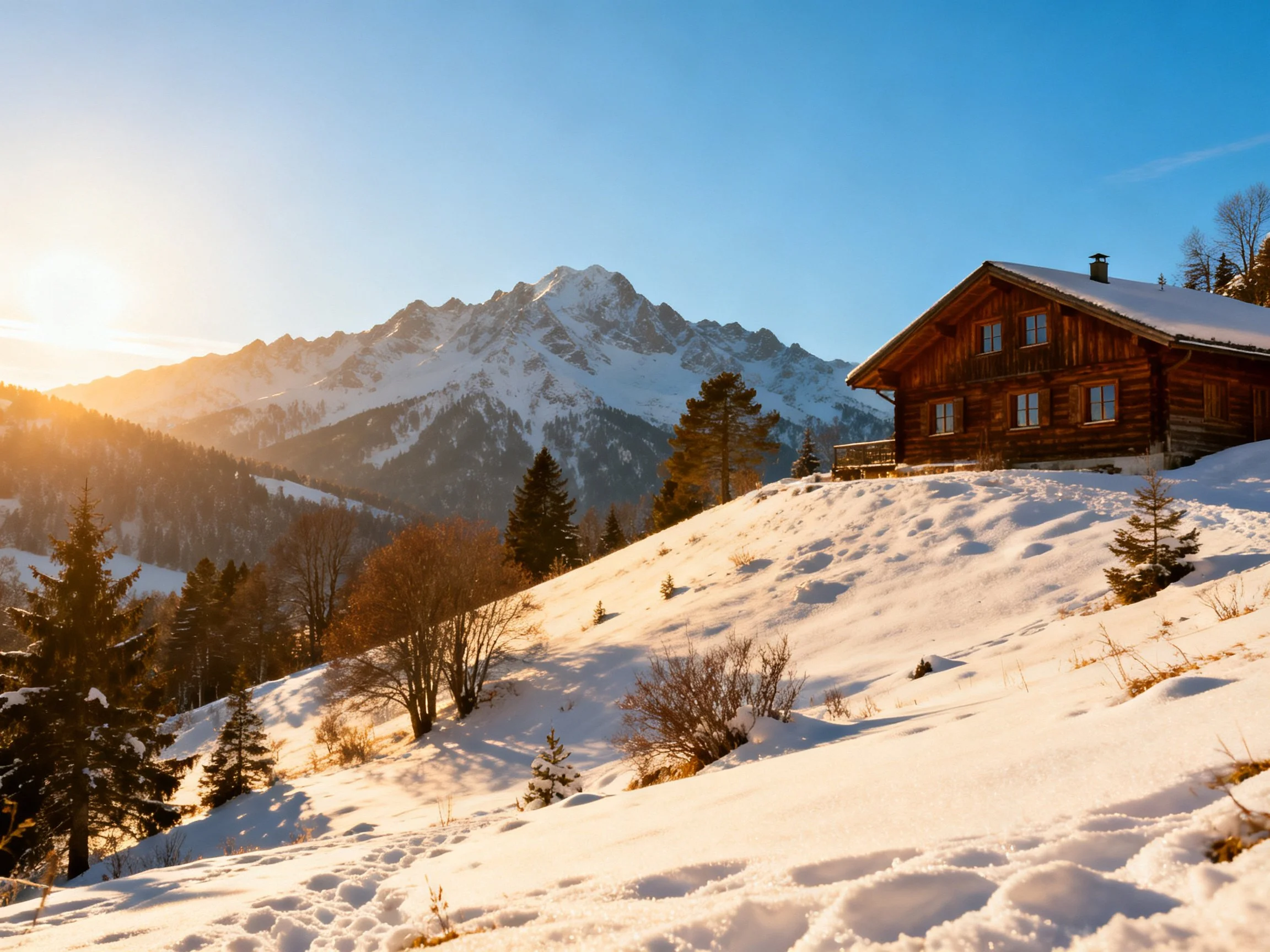 A rustic wooden cabin on a snow - covered hillside near mountain peaks