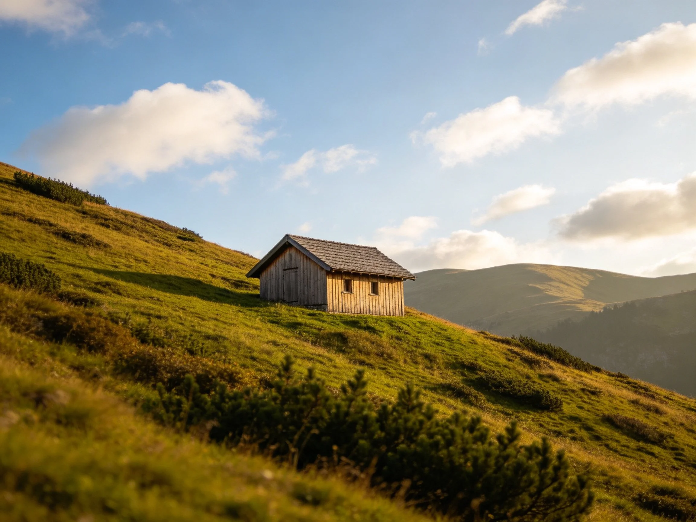 A rustic wooden cabin sits atop a sun-drenched grassy hillside