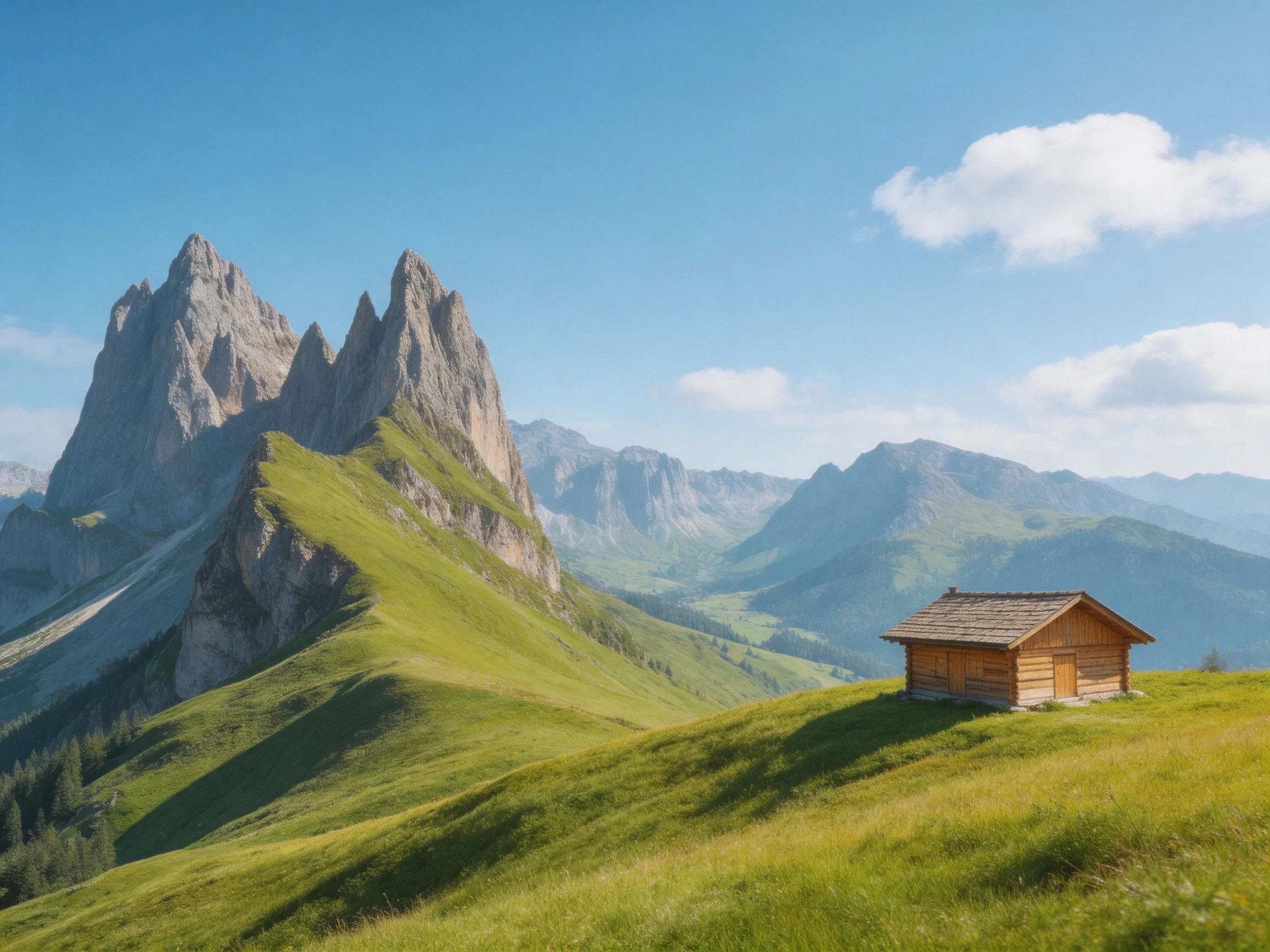 A rustic wooden cabin sits on a lush green hillside near towering rocky mountains