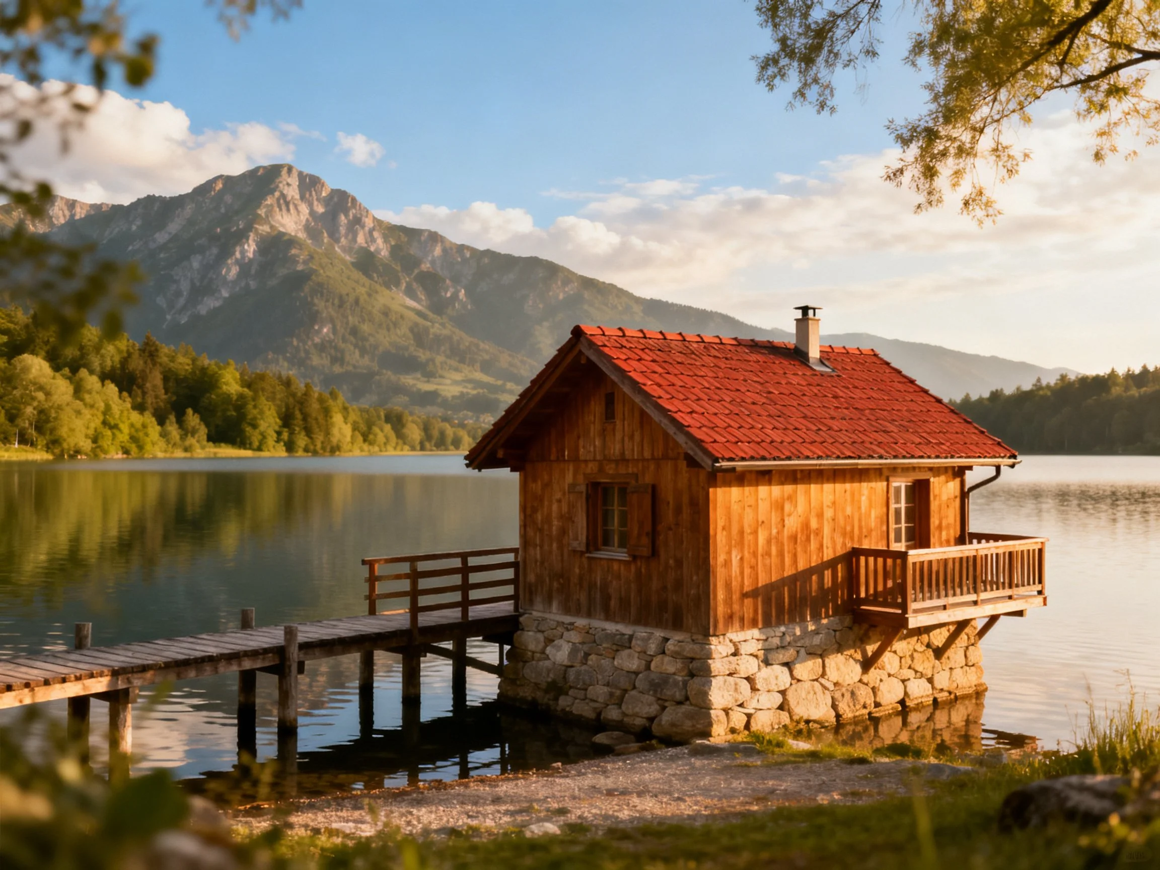 A rustic wooden cabin with red roof by calm lake near mountains