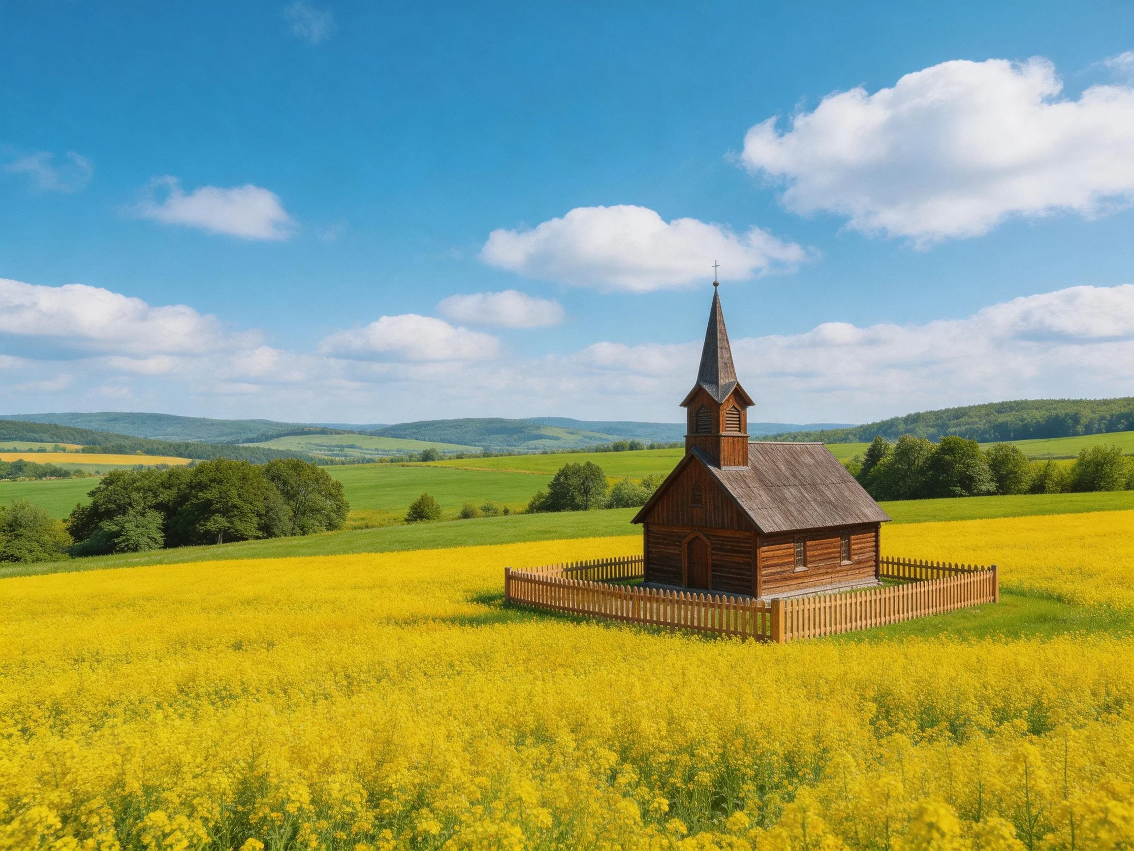 A rustic wooden chapel surrounded by vibrant yellow flowers under bright blue skies