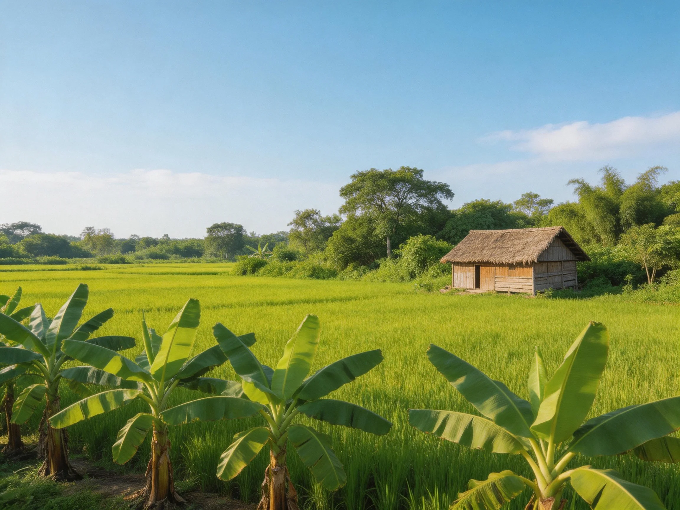 A rustic wooden hut near lush green rice fields and banana trees