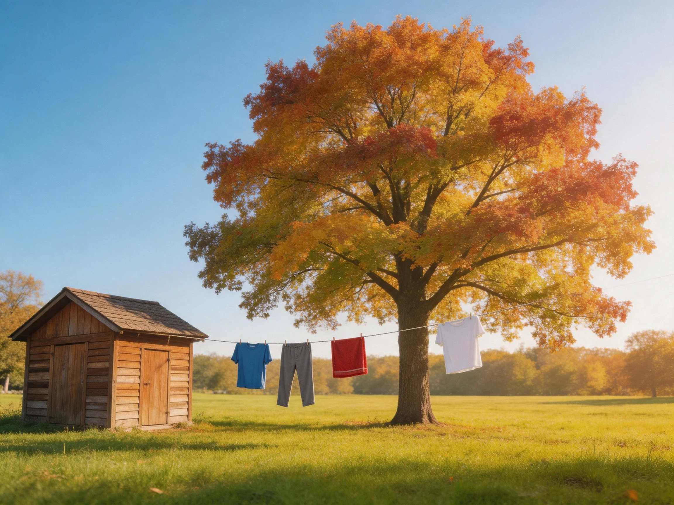 A rustic wooden shed beside a golden autumn tree with laundry