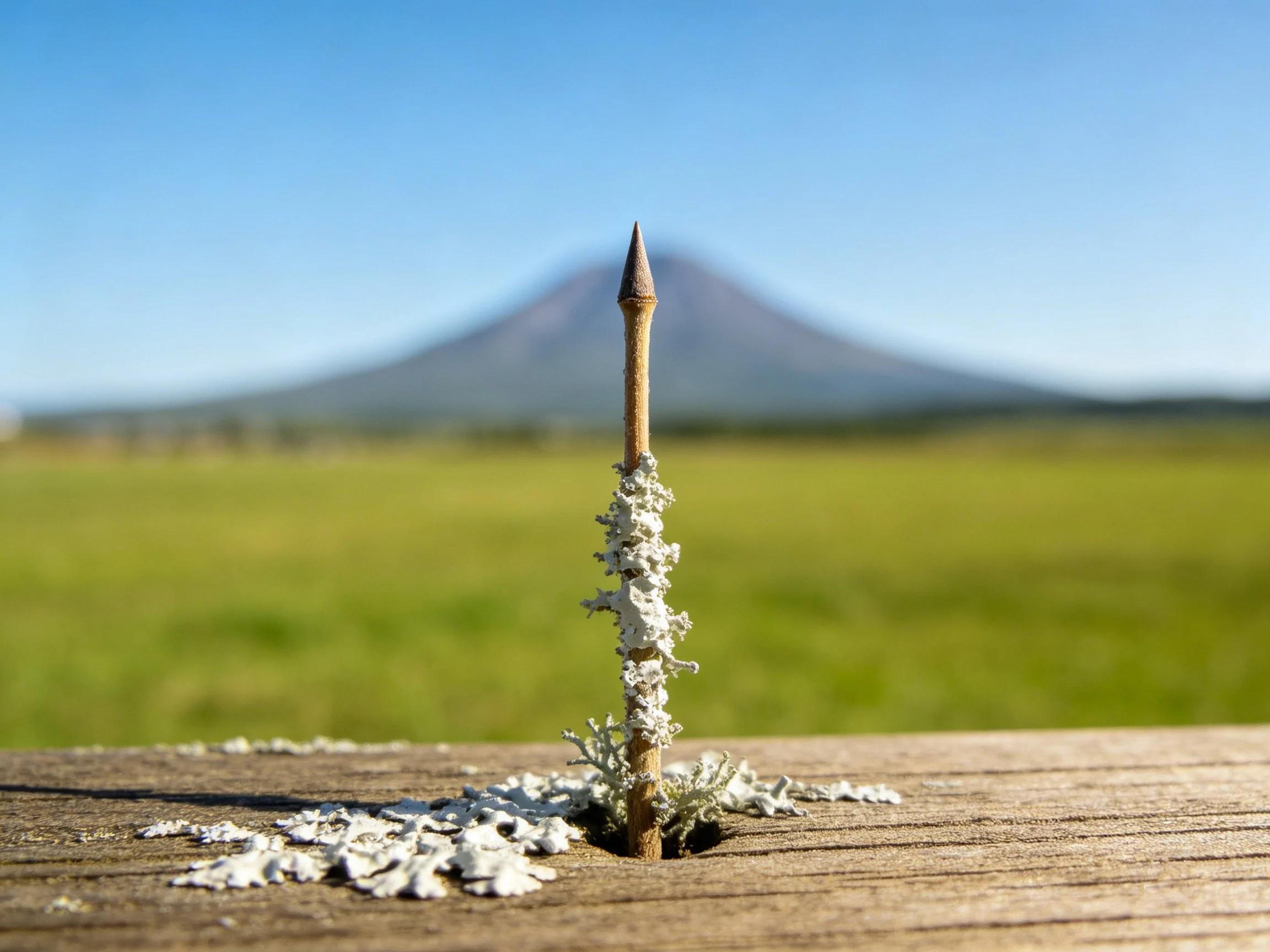A rusty nail with lichen growth, wooden surface, distant mountain under clear blue sky