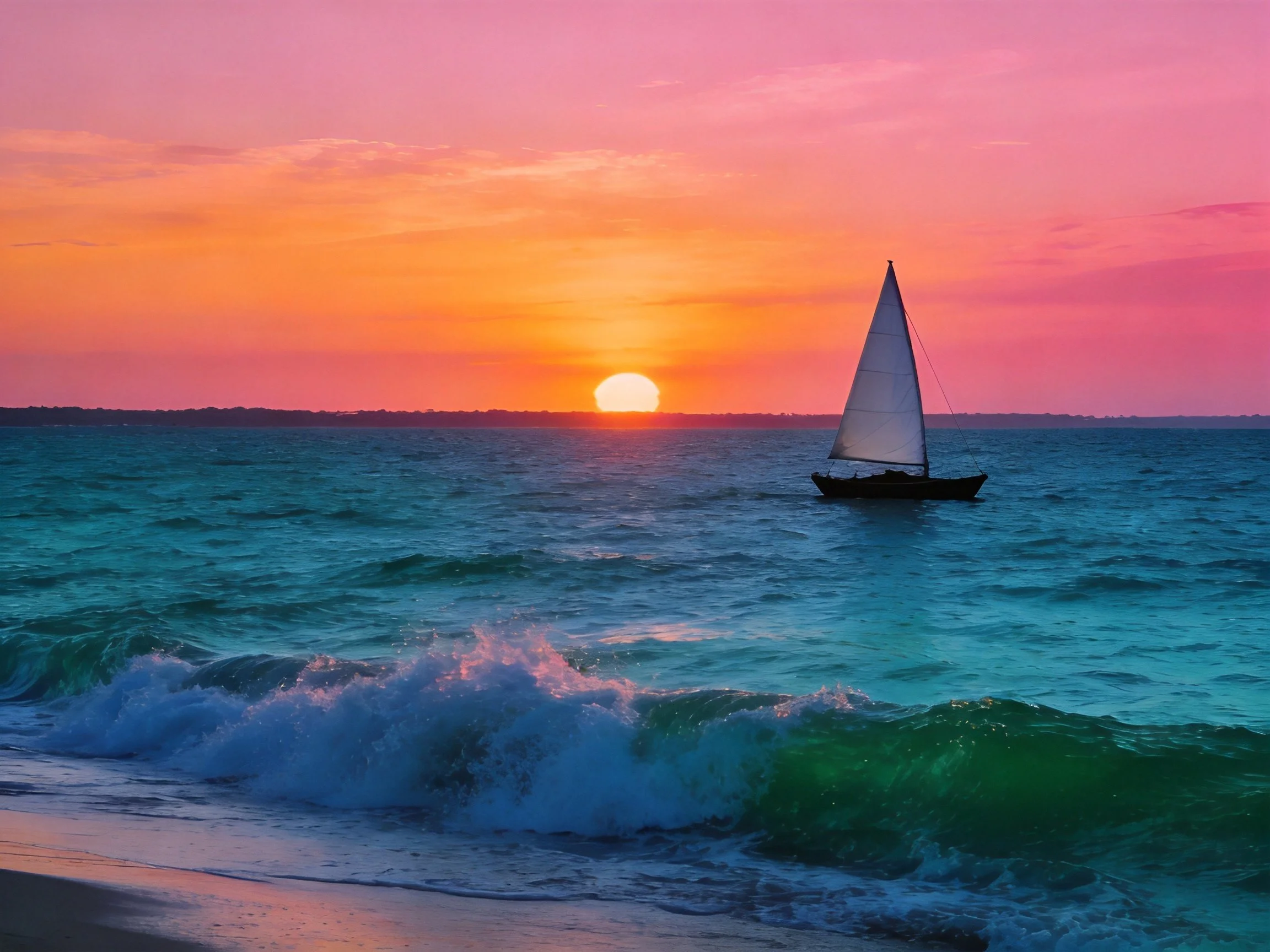 A sailboat glides over turquoise waters beneath a colorful sunset