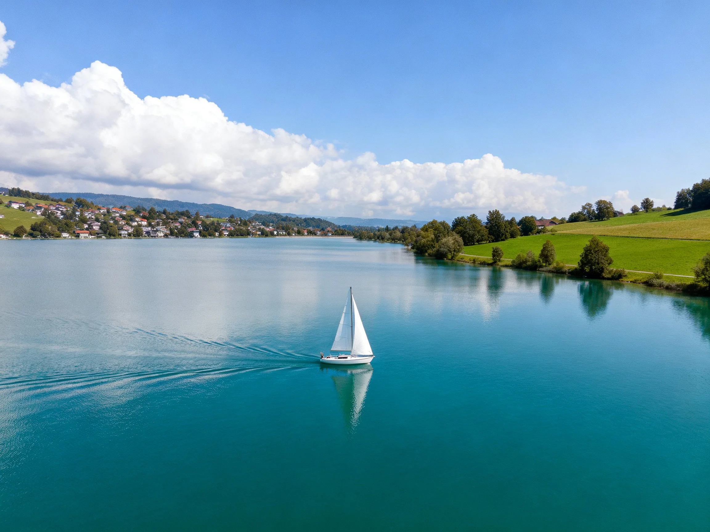 A sailboat sails on turquoise lake beside green rolling hills