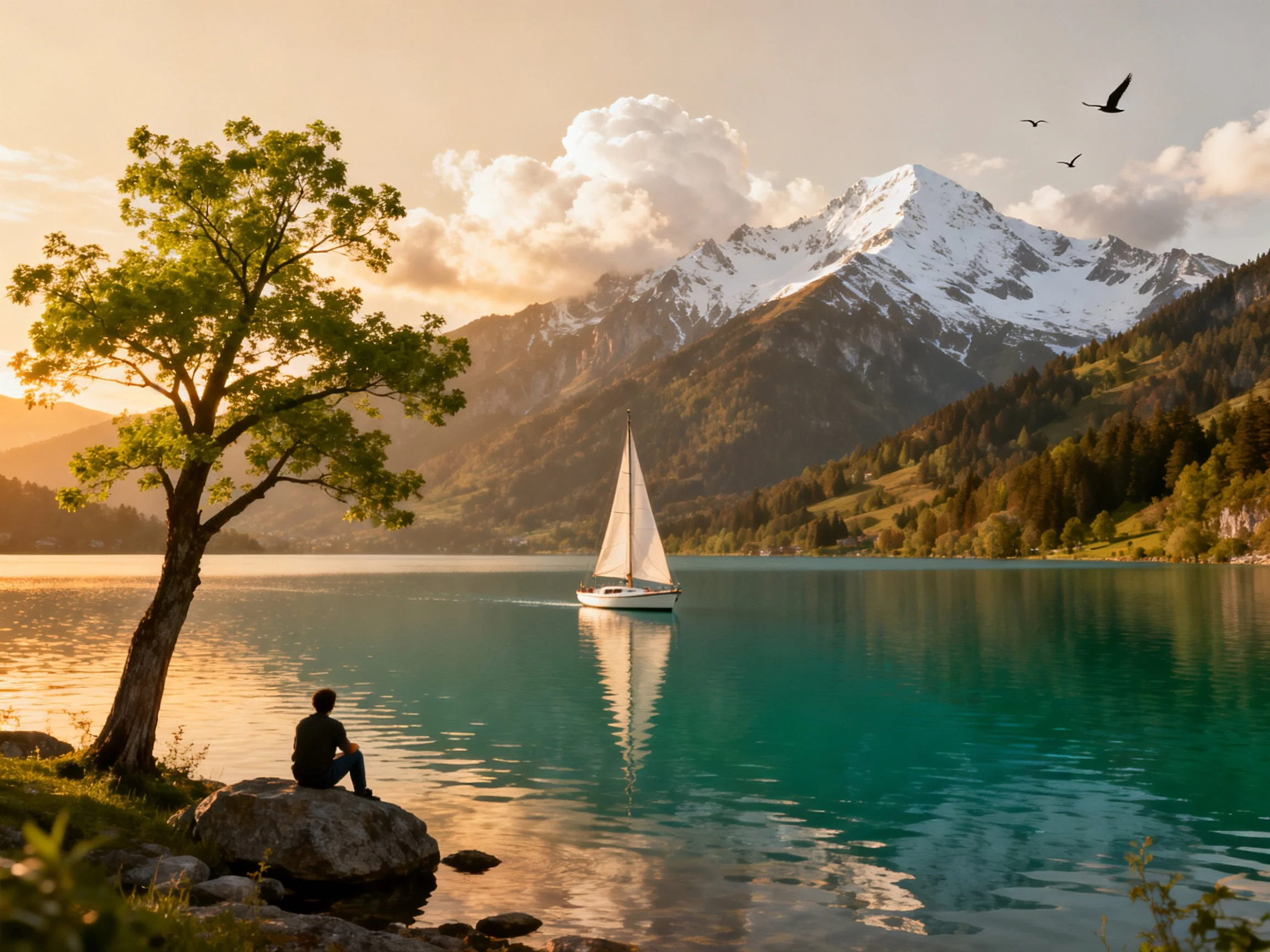 A sailboat sails on turquoise waters near snow-capped mountains
