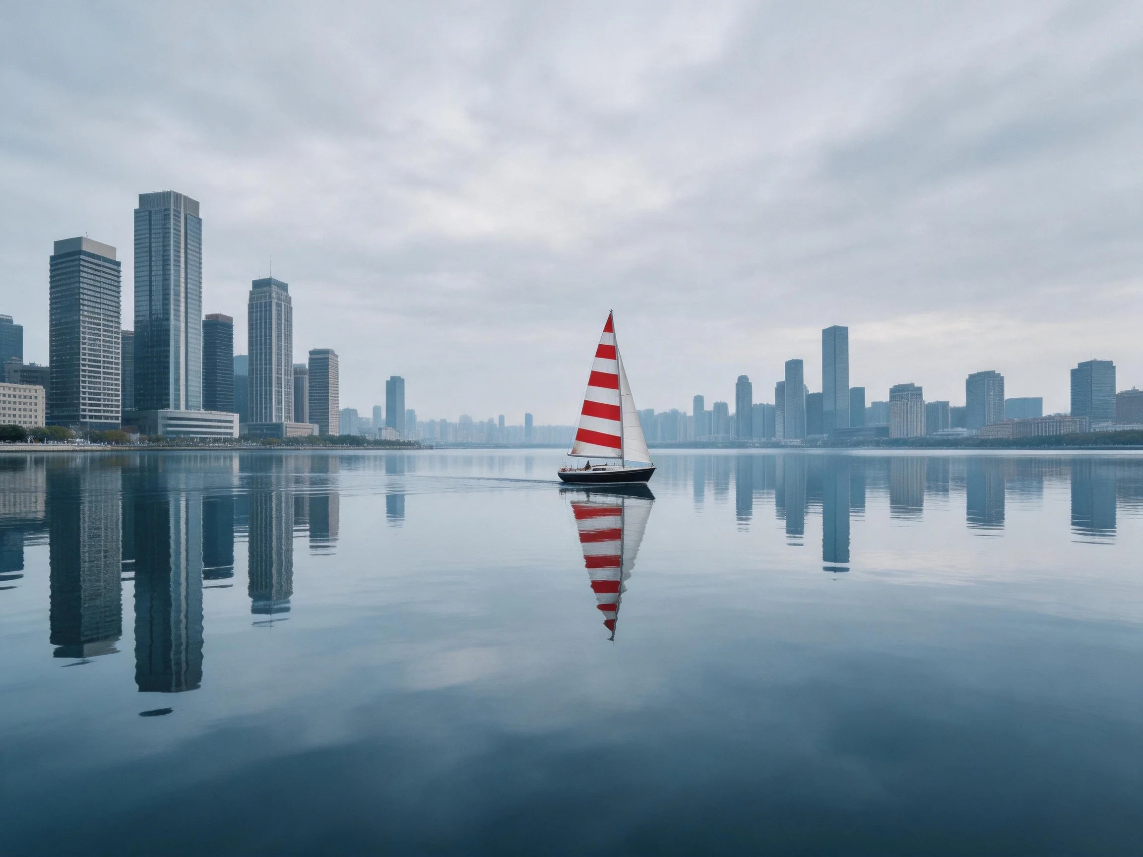 A sailboat with red-and-white sails glides over calm waters near modern skyscrapers