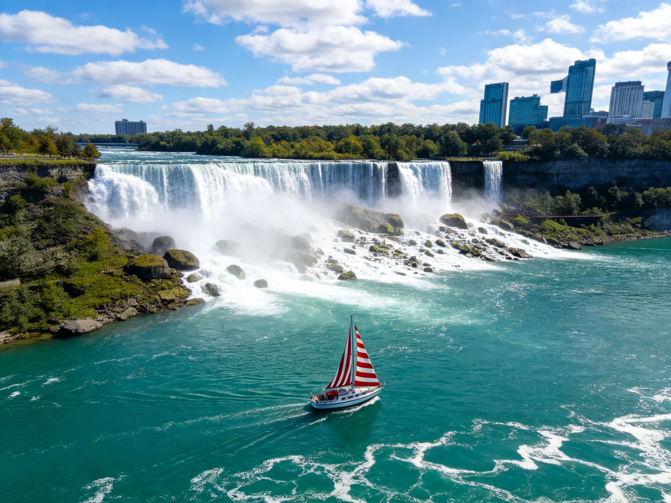 A sailboat with red-and-white sails near a massive turquoise waterfall with urban skyline