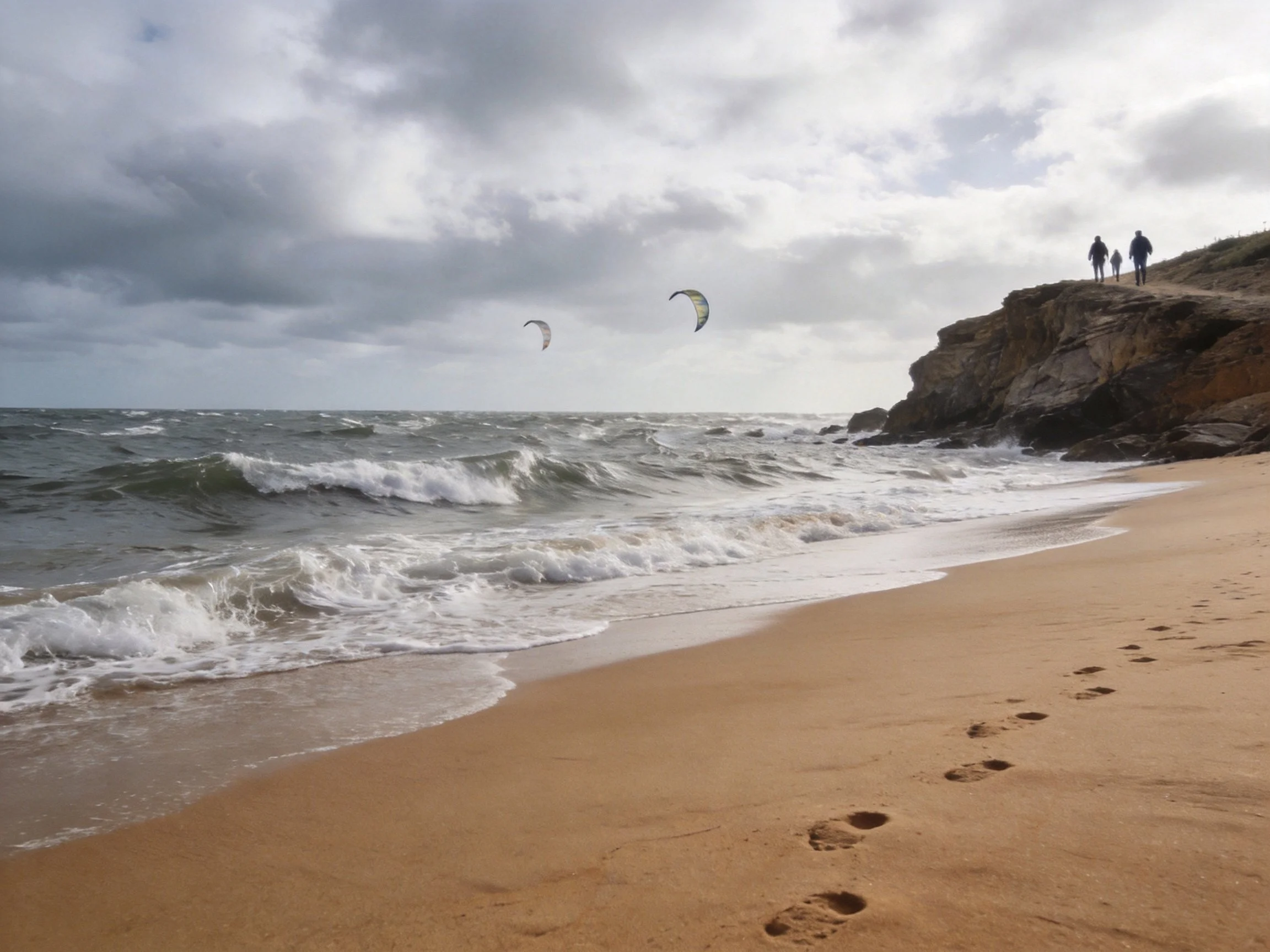 A sandy beach with crashing waves, rocky cliffs, and kite sails under cloudy skies