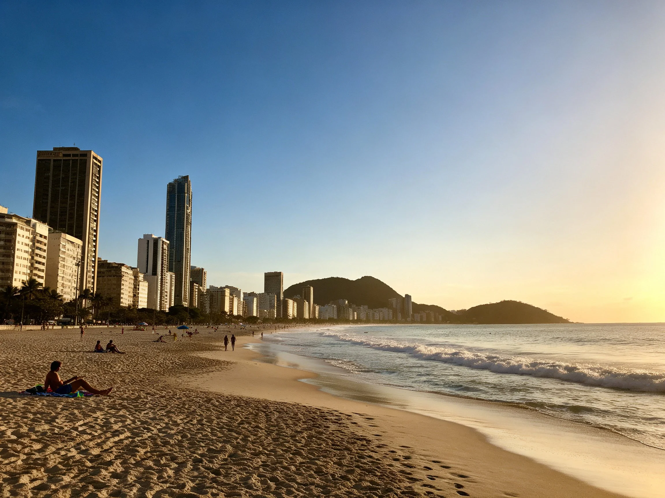 A sandy beach with people, gentle waves, and tall buildings under a clear sky