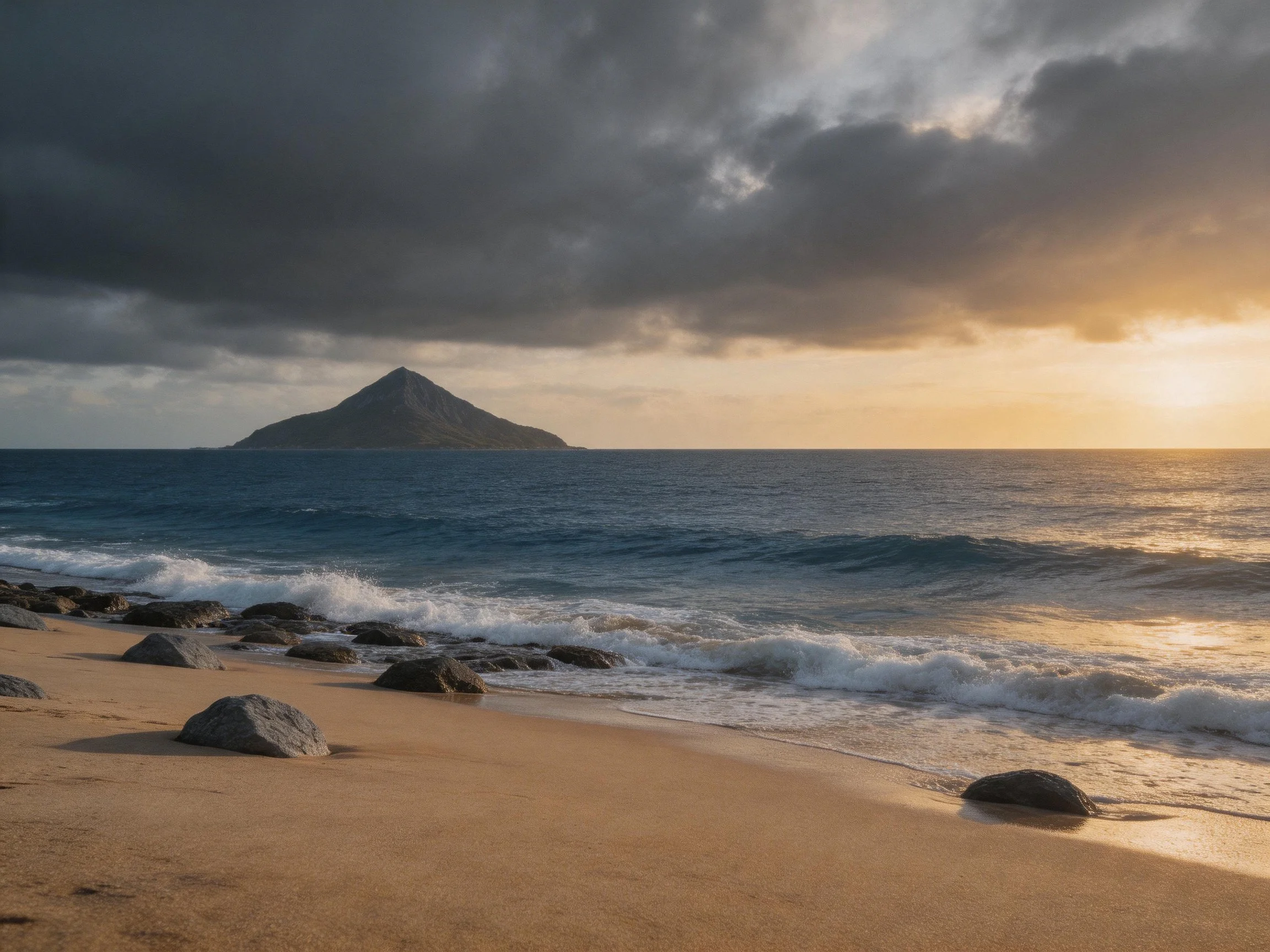 A sandy beach with rocky shores and crashing ocean waves under dramatic sunset skies