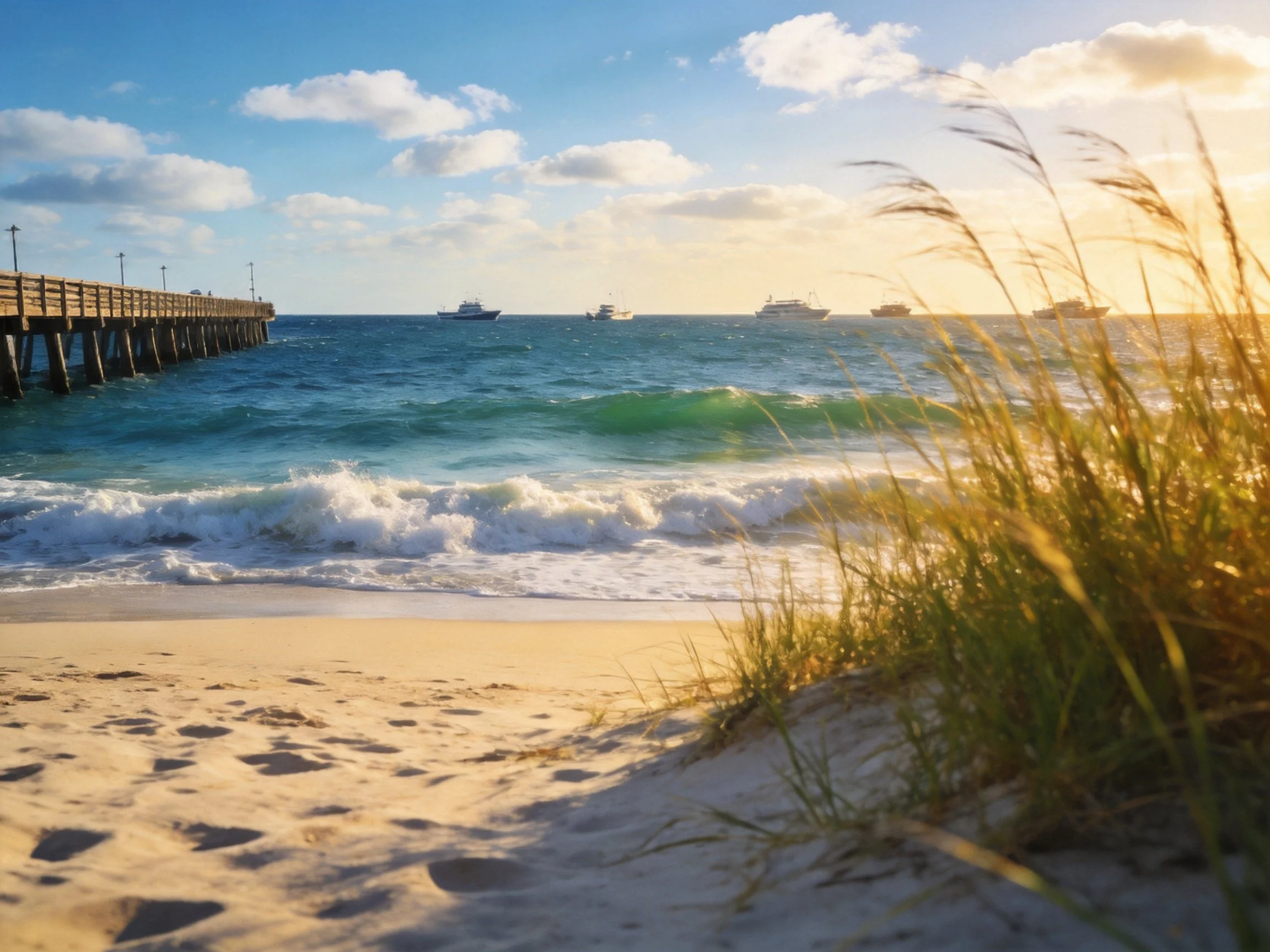 A sandy beach with turquoise waves, wooden pier, and golden grasses