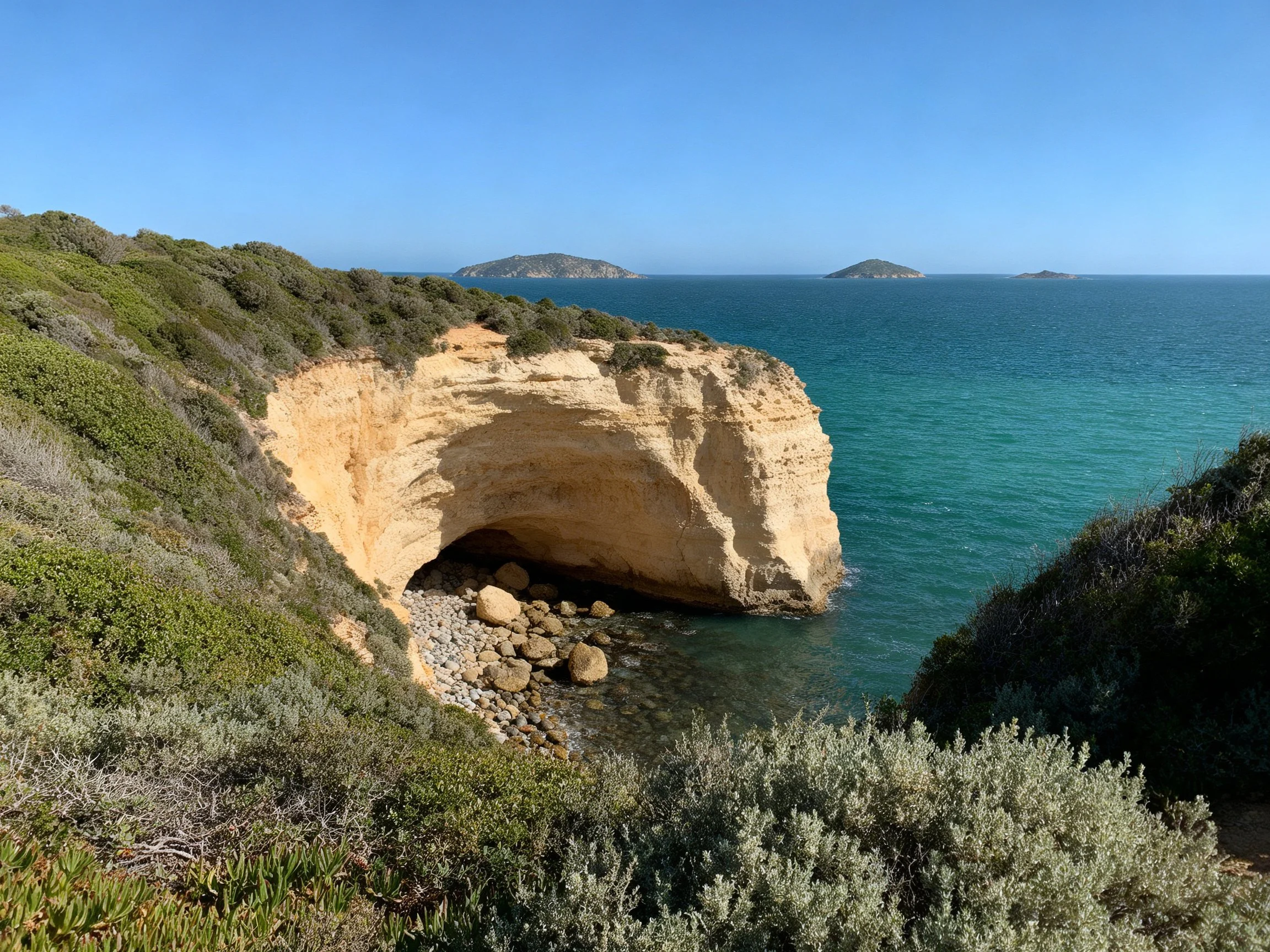 A sandy cliffside cave overlooks turquoise waters with distant islands