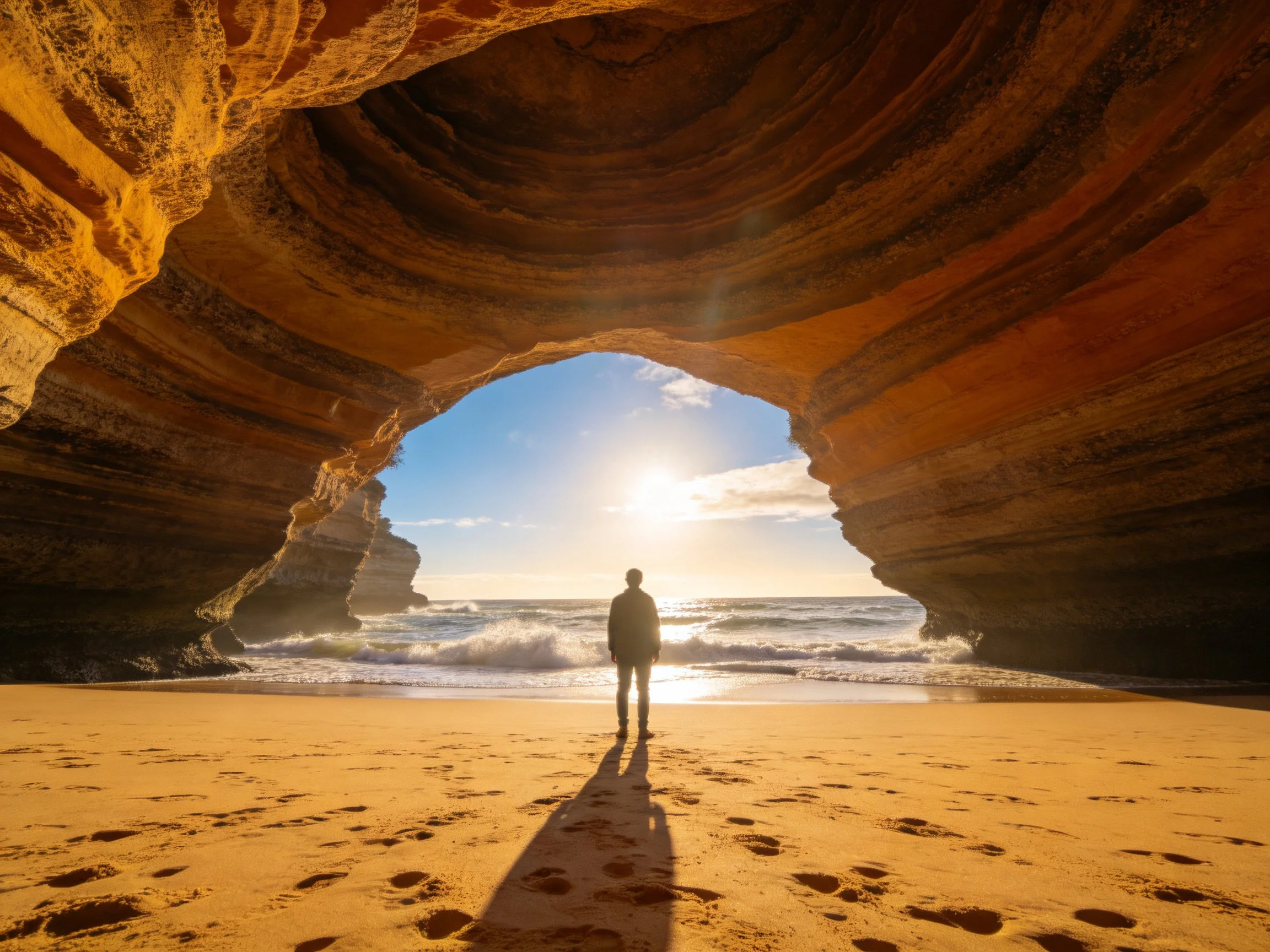 A sandy coastal cave with a person overlooking the ocean