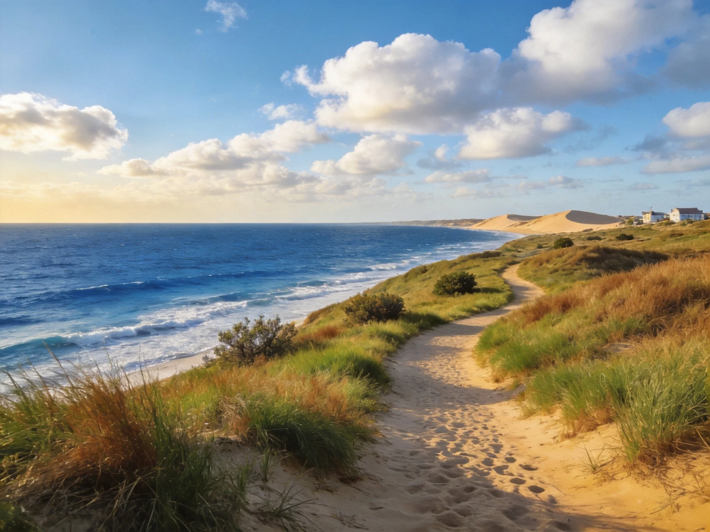 A sandy coastal path near turquoise ocean with golden dunes