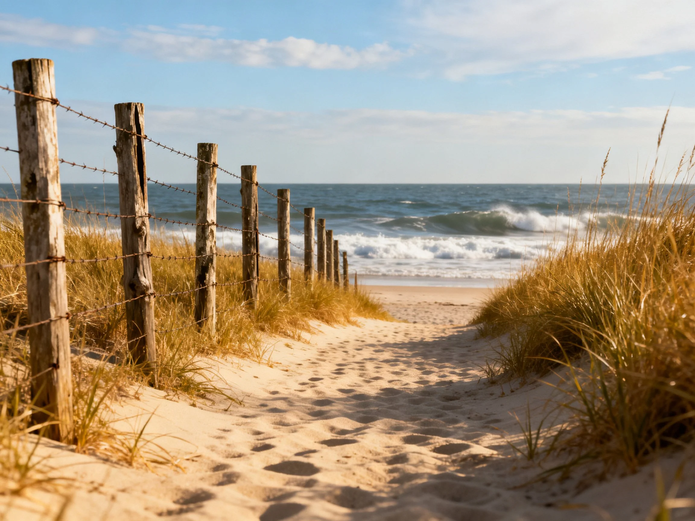 A sandy path bordered by wooden posts leads to the ocean
