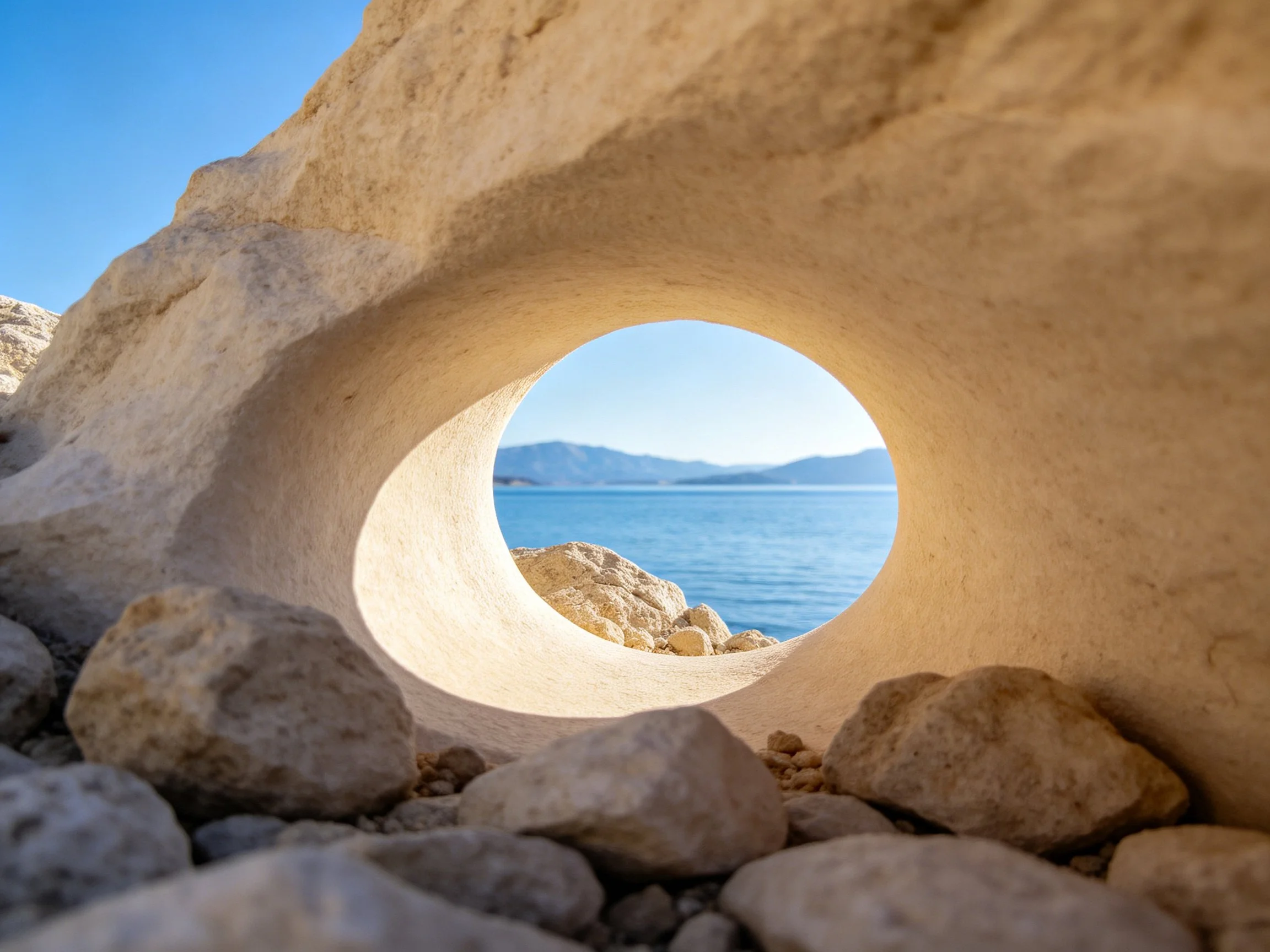 A sandy stone arch frames a view of blue sea and distant mountains