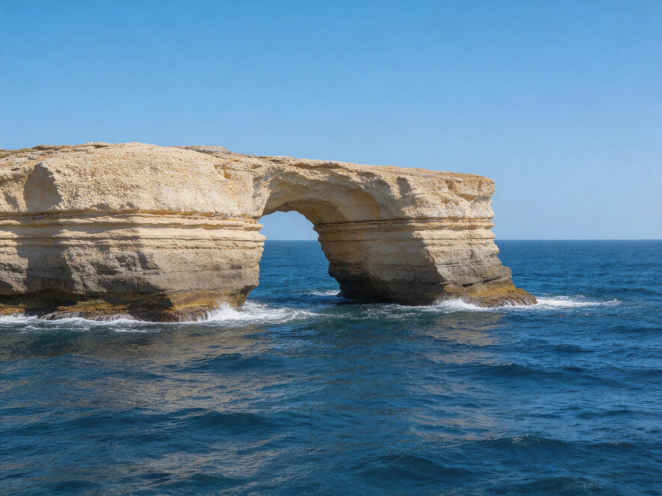A sandy stone arch spans the deep blue ocean waters