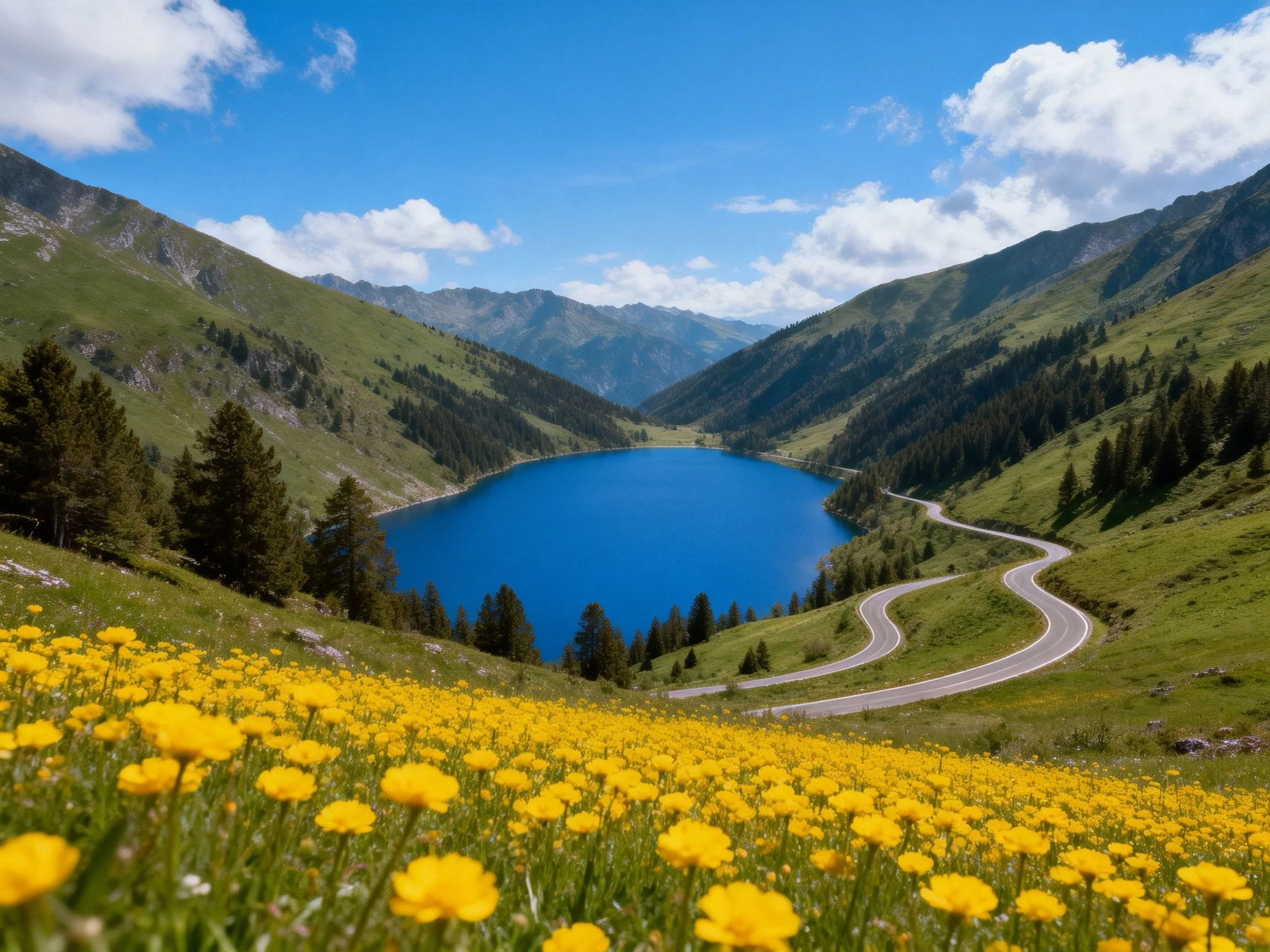 A scenic alpine valley with a deep blue lake, yellow wildflowers, and winding roads