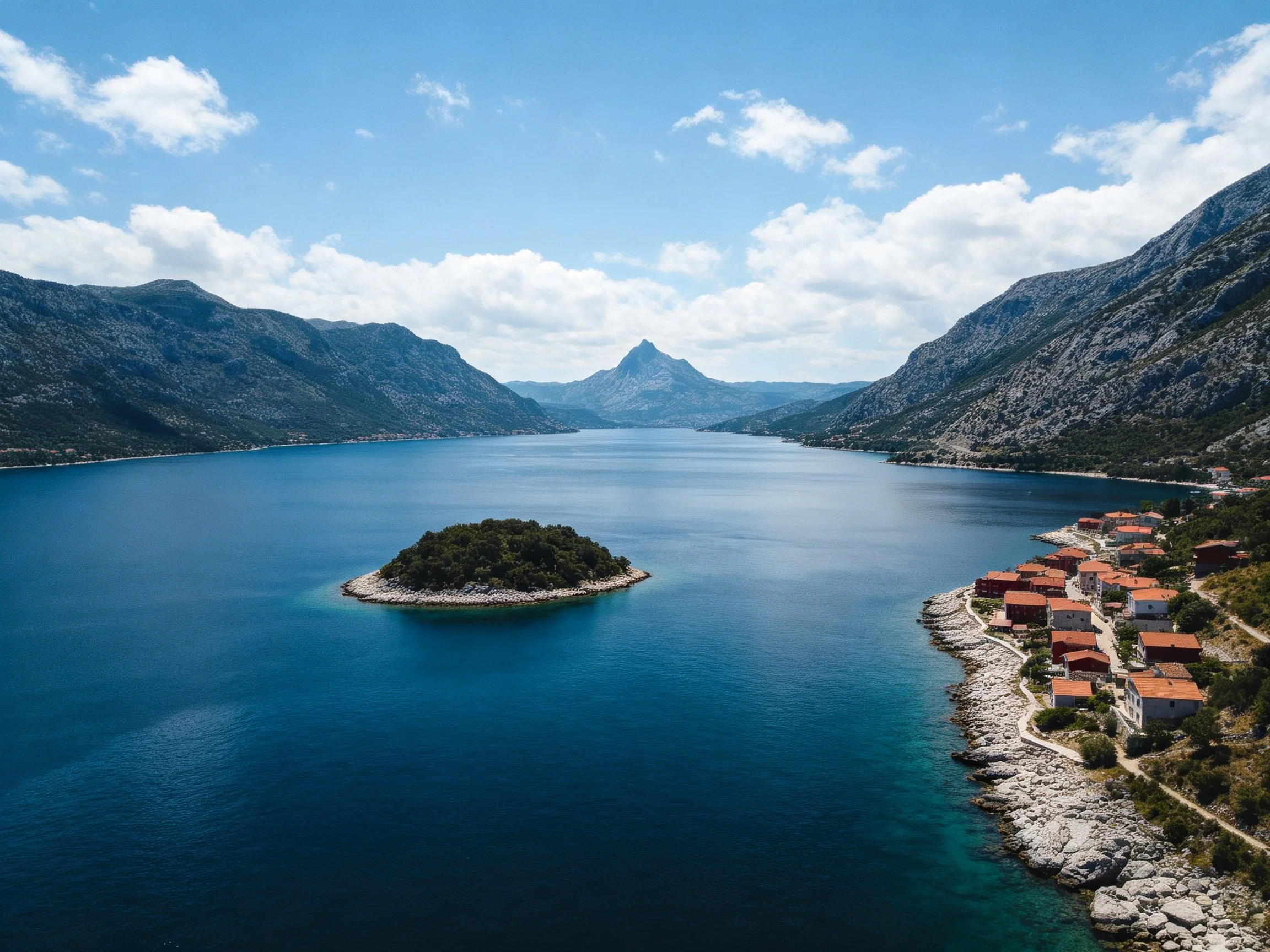 A scenic bay with an island, red-roofed village, and mountainous backdrop