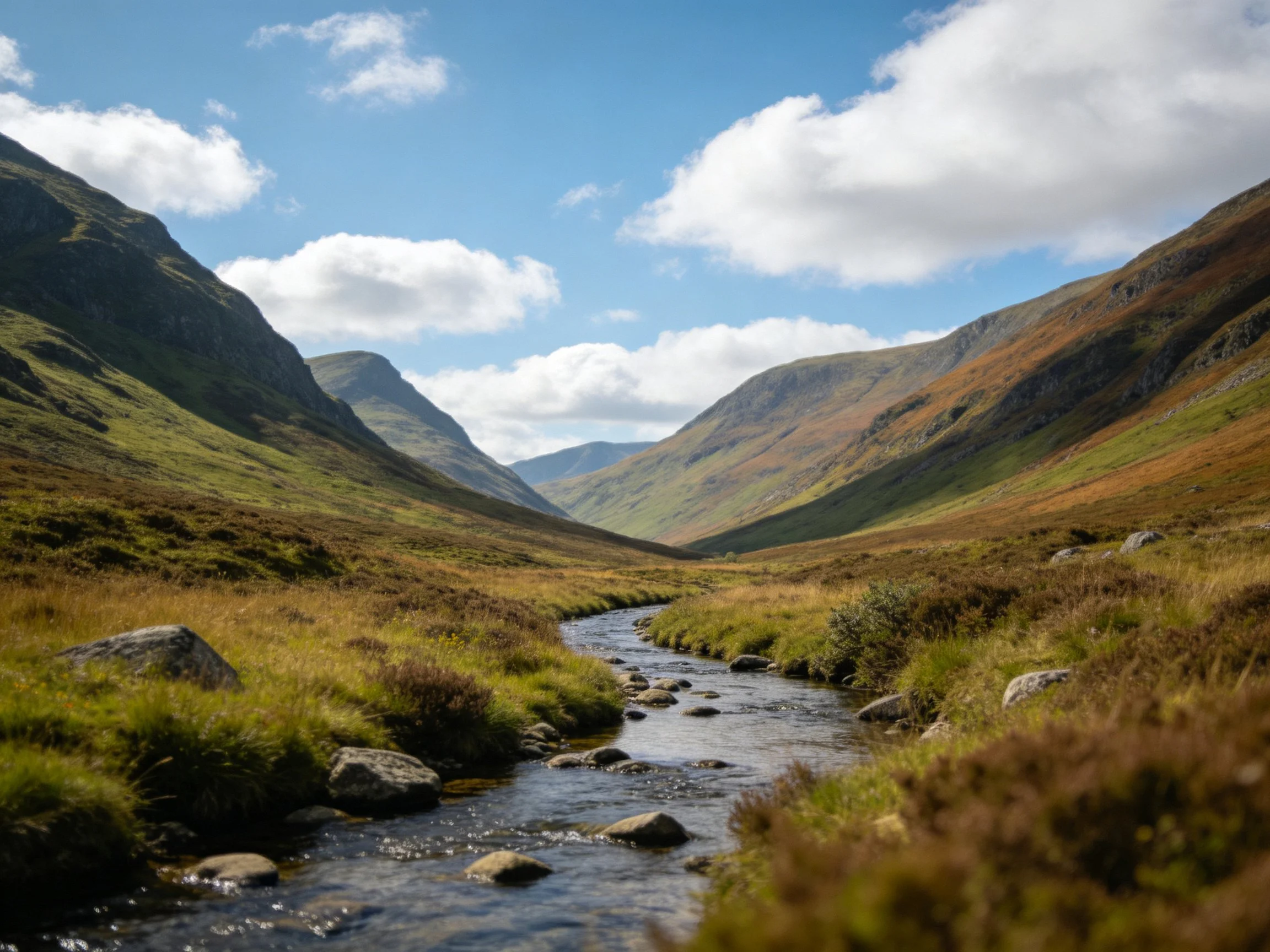A scenic mountain valley with a winding stream and rolling hills
