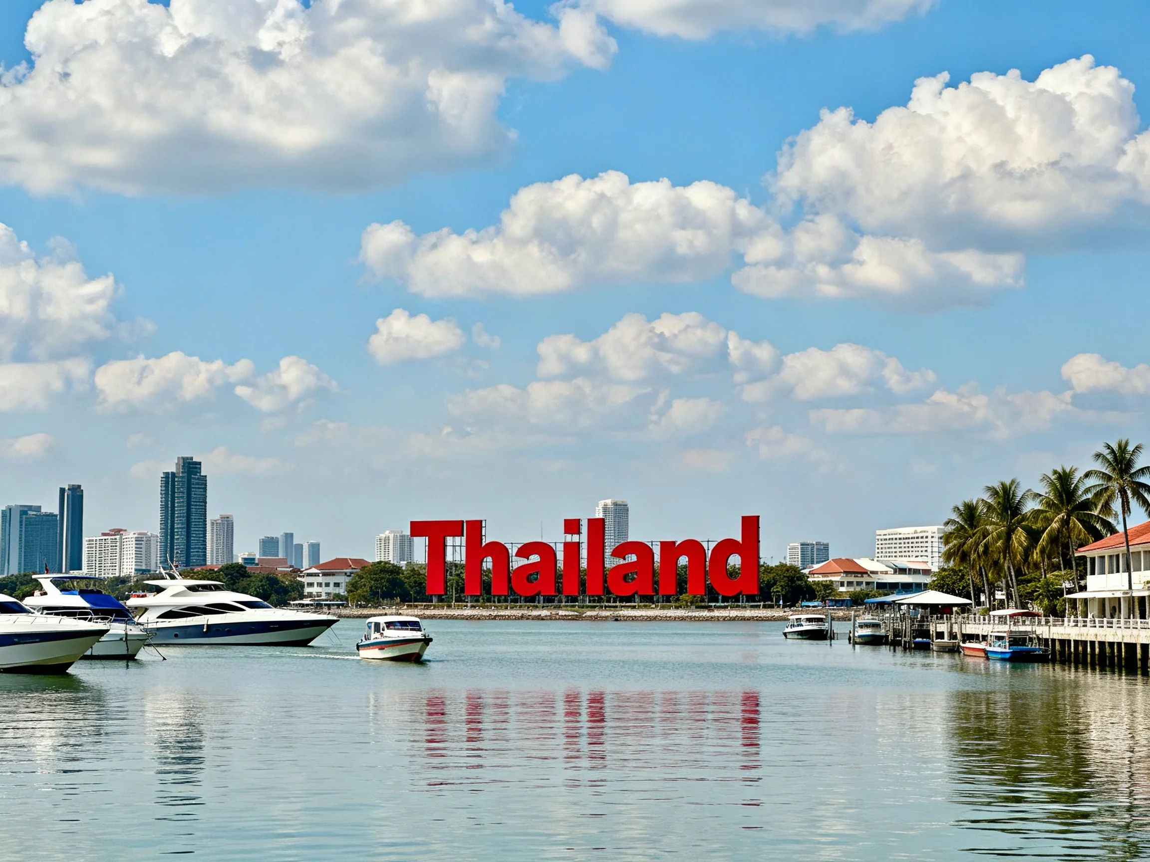 A scenic waterfront with boats, palm trees, and a Thailand sign under blue skies.